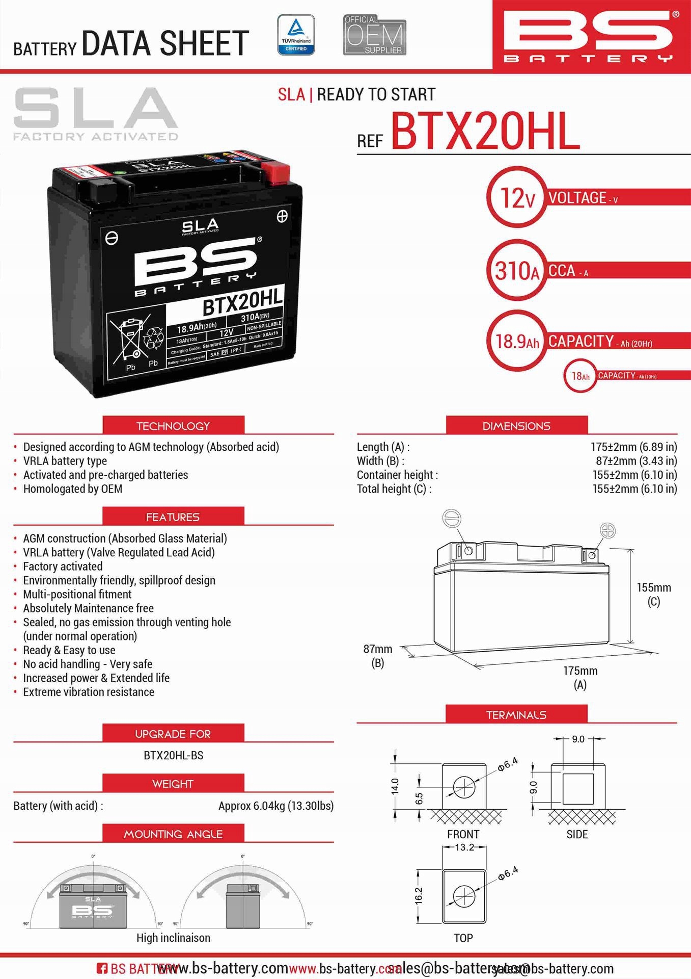 Batéria Bs BTX20HL (fa) (YTX20HL- Bs 12V 18AH 175X87X155 Bs Bez Alkódu-