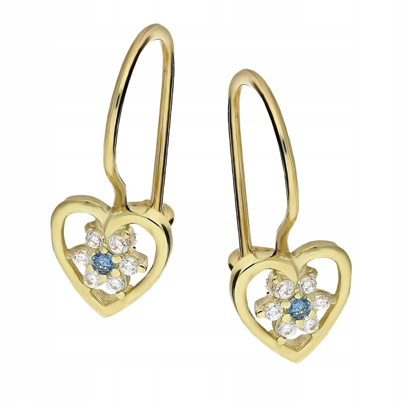 Zlaté náušnice pro dítě 585 srdce s květinou, zirkony dárek