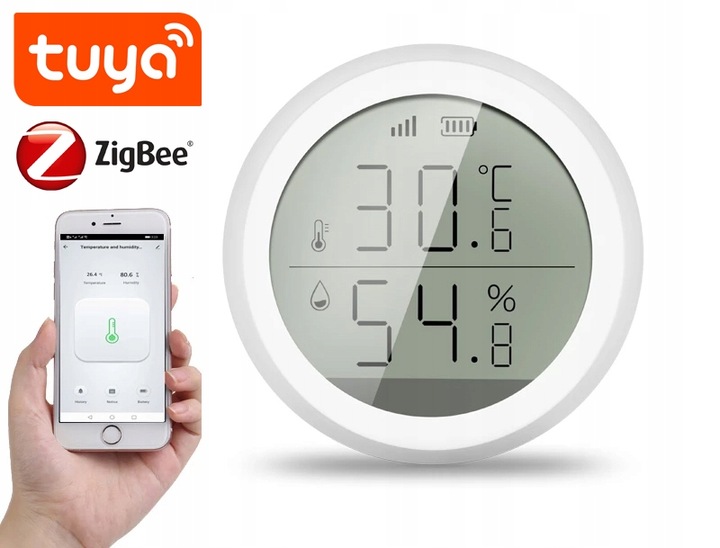Czujnik Temperatury i Wilgotności ZigBee TUYA LCD Smart Life Dom Higrometr Zasilanie baterie