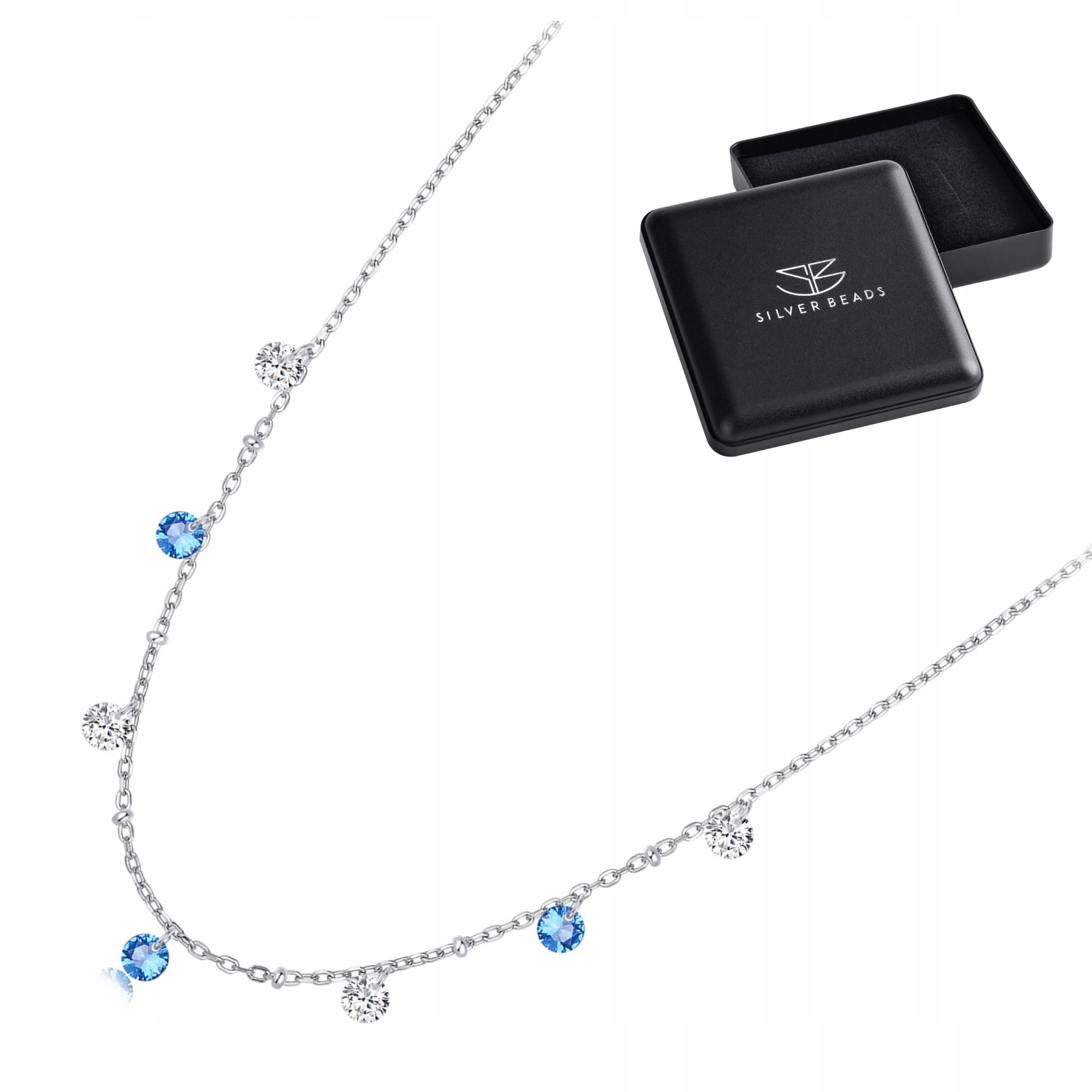 N221 Srebrny naszyjnik z niebieskimi i przezroczystymi kryształkami srebro