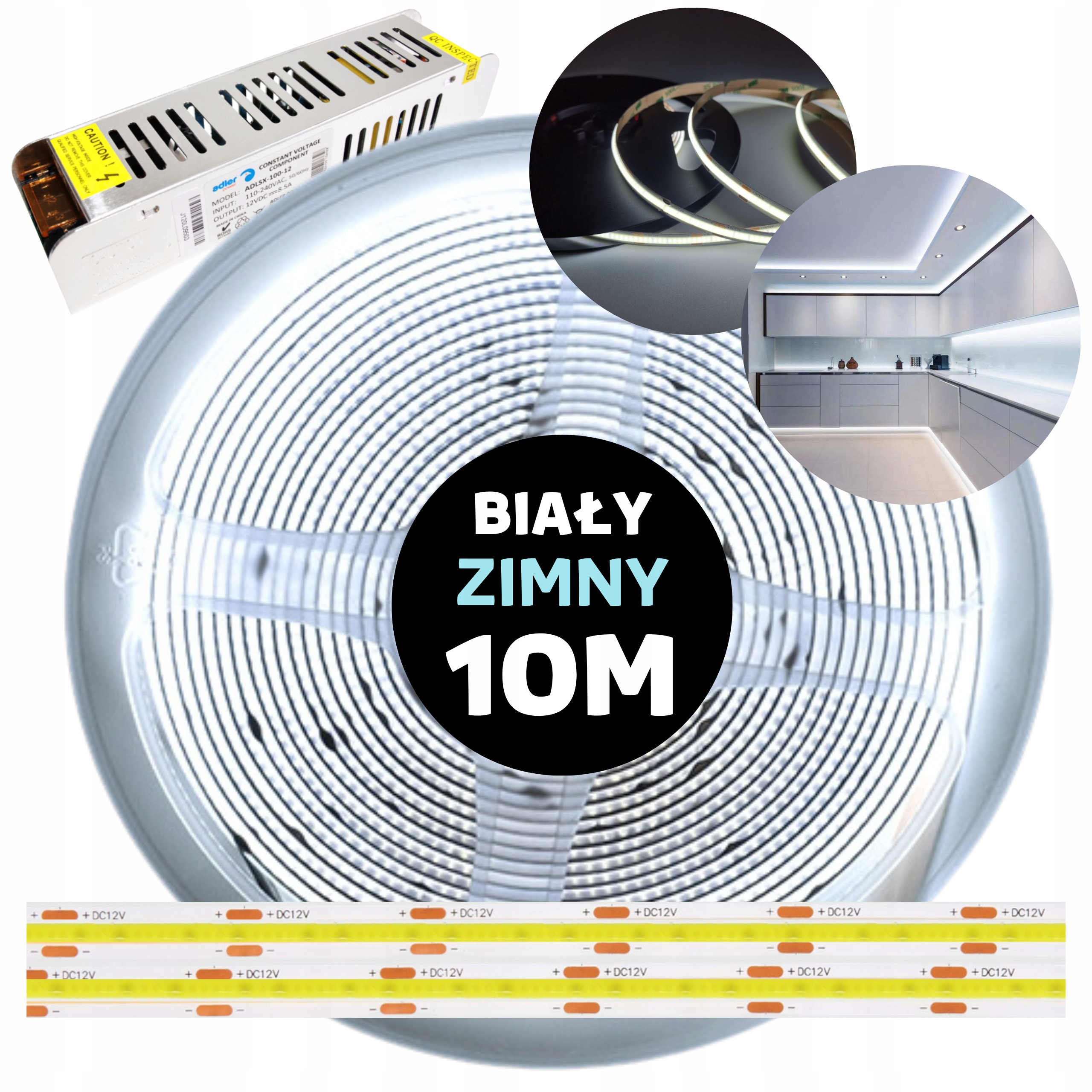 Pásik Led Cob neónová kontinuálna linka s napájacím zdrojom, studená biela 12V 10M