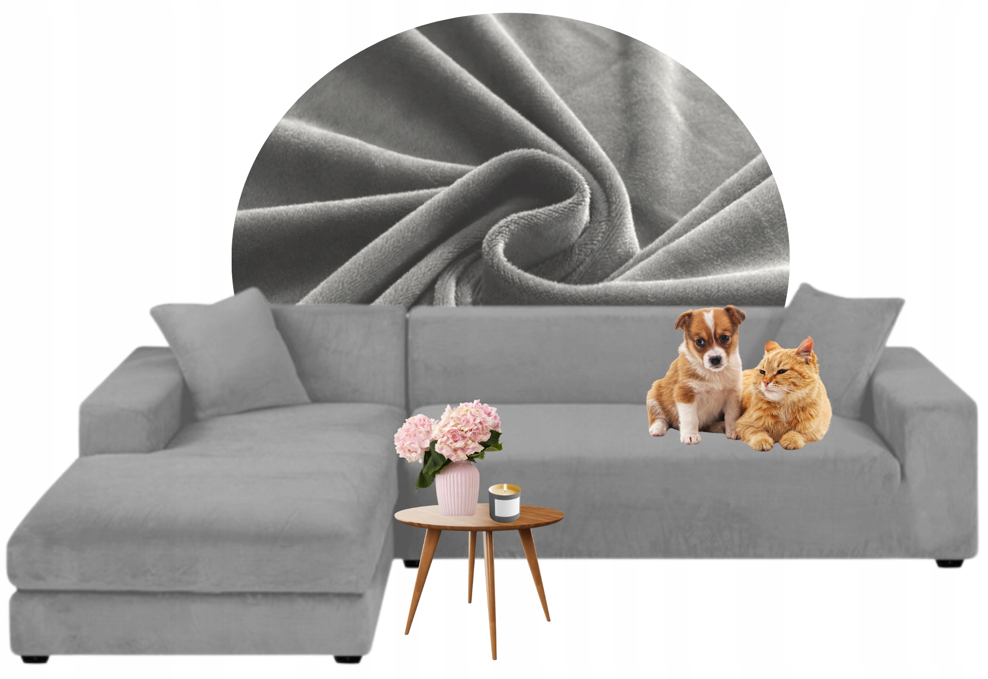 Potah Na Celý Roh Pohovka Světle Šedá Velur Elastický 3+3 Os