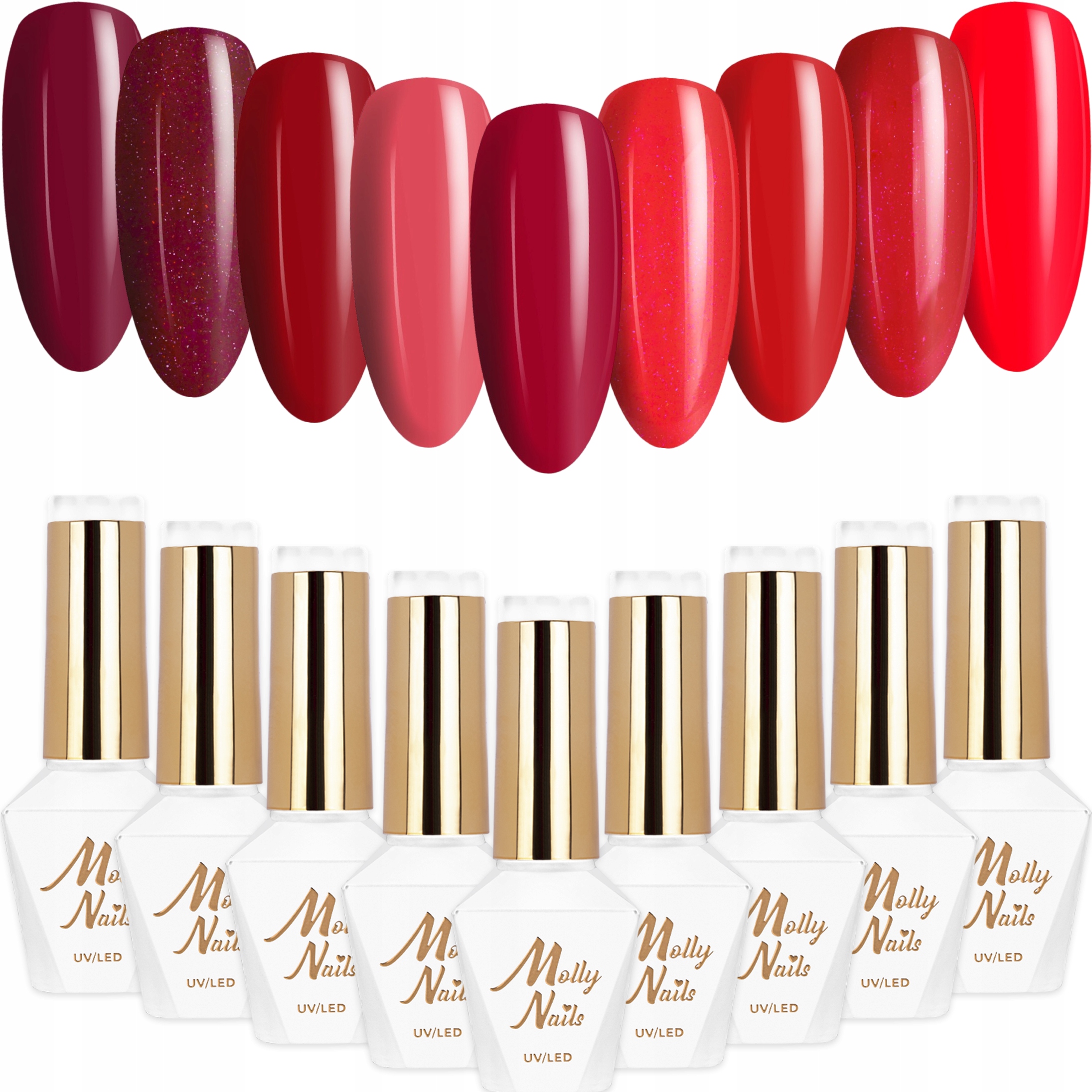 9 x Hybridní lak Mollynails 8 g Hearts & Kisses Set 9v1 Červený Bordo