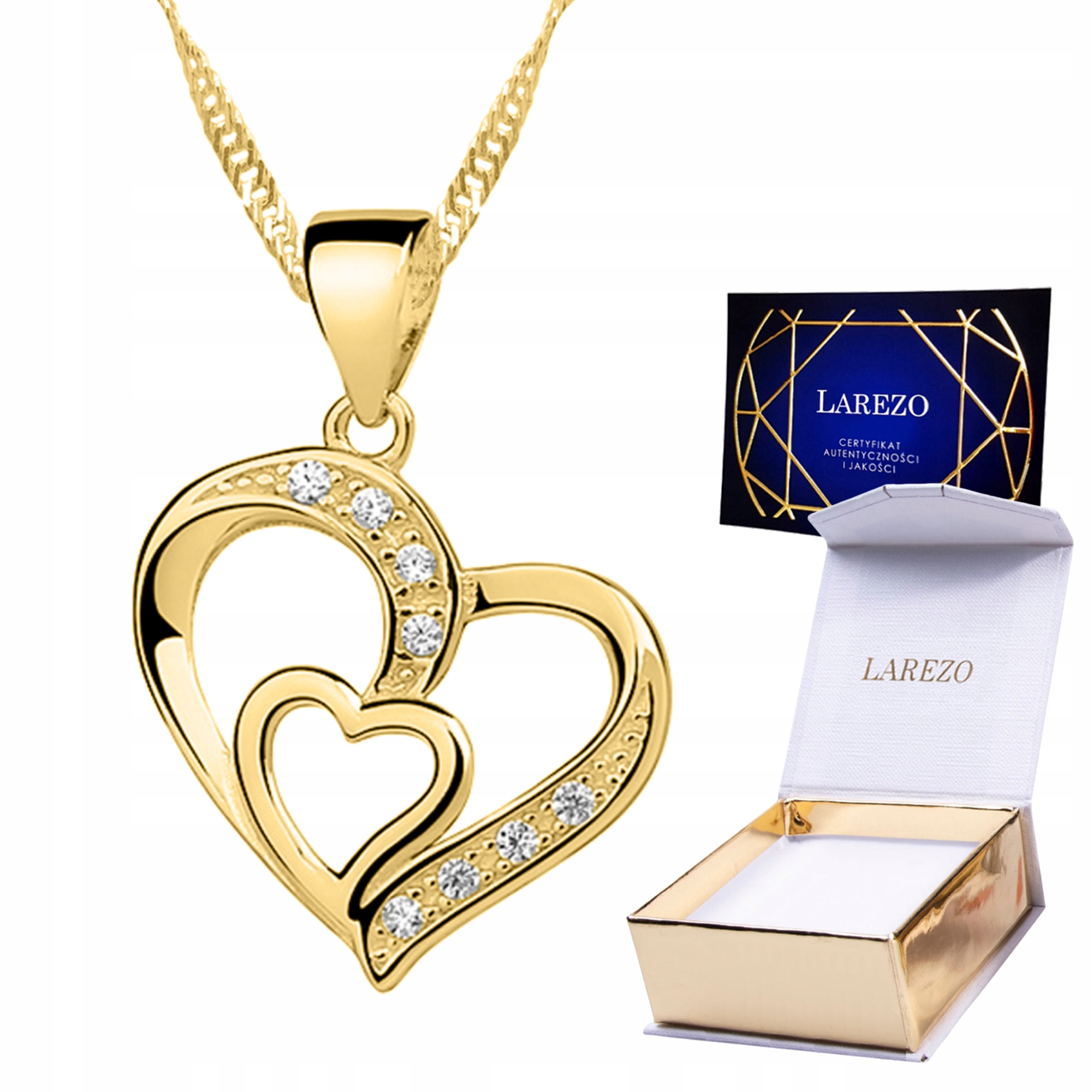 Zlatý dvojitý náhrdelník se srdíčky Dvě srdce Srdíčko Zirkony Stříbro 925