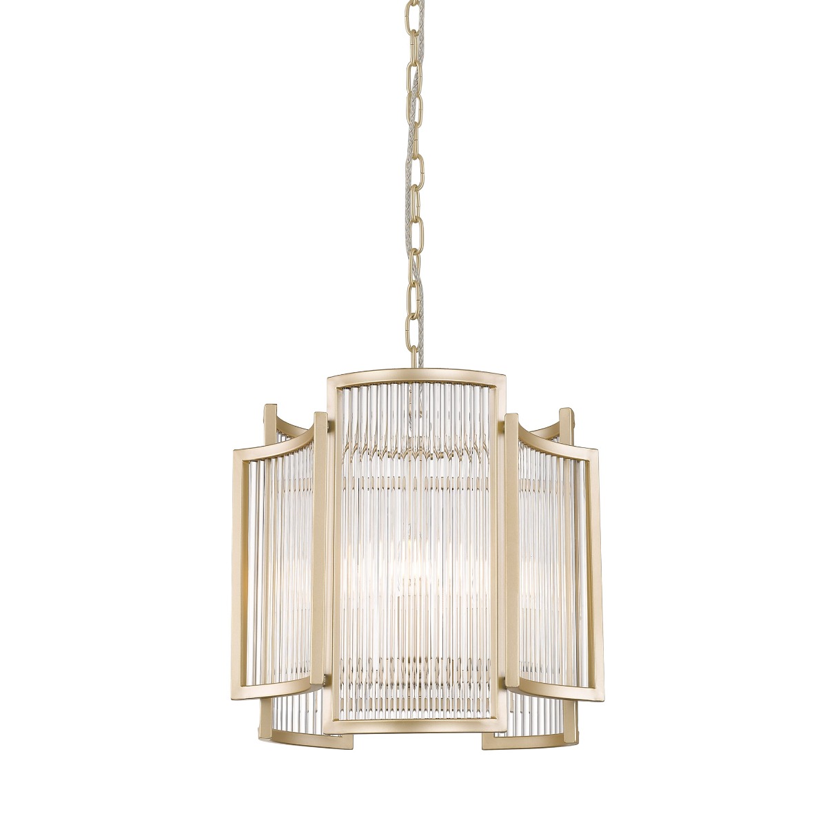 Zlatá palácová lampa s krištáľovými paličkami do obývačky s glamour reťazou