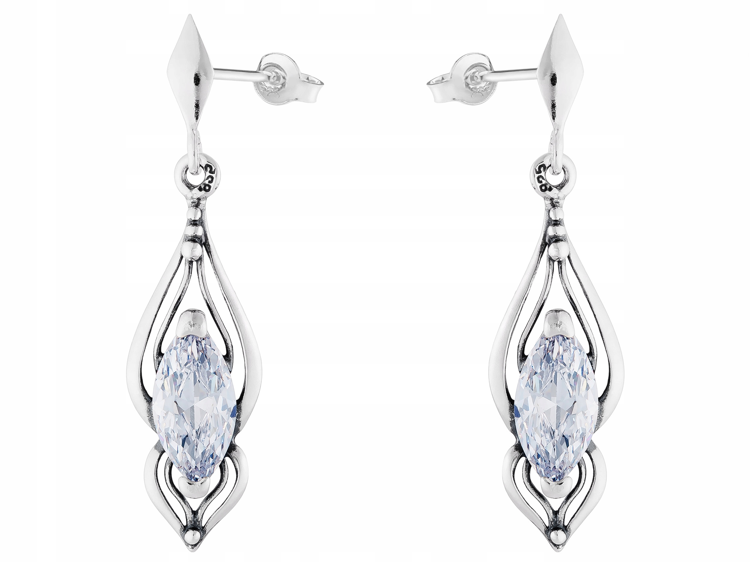 Stříbrné Náušnice Závěsné dlouhé s zirkony Oxidované šroubky Tužka 925