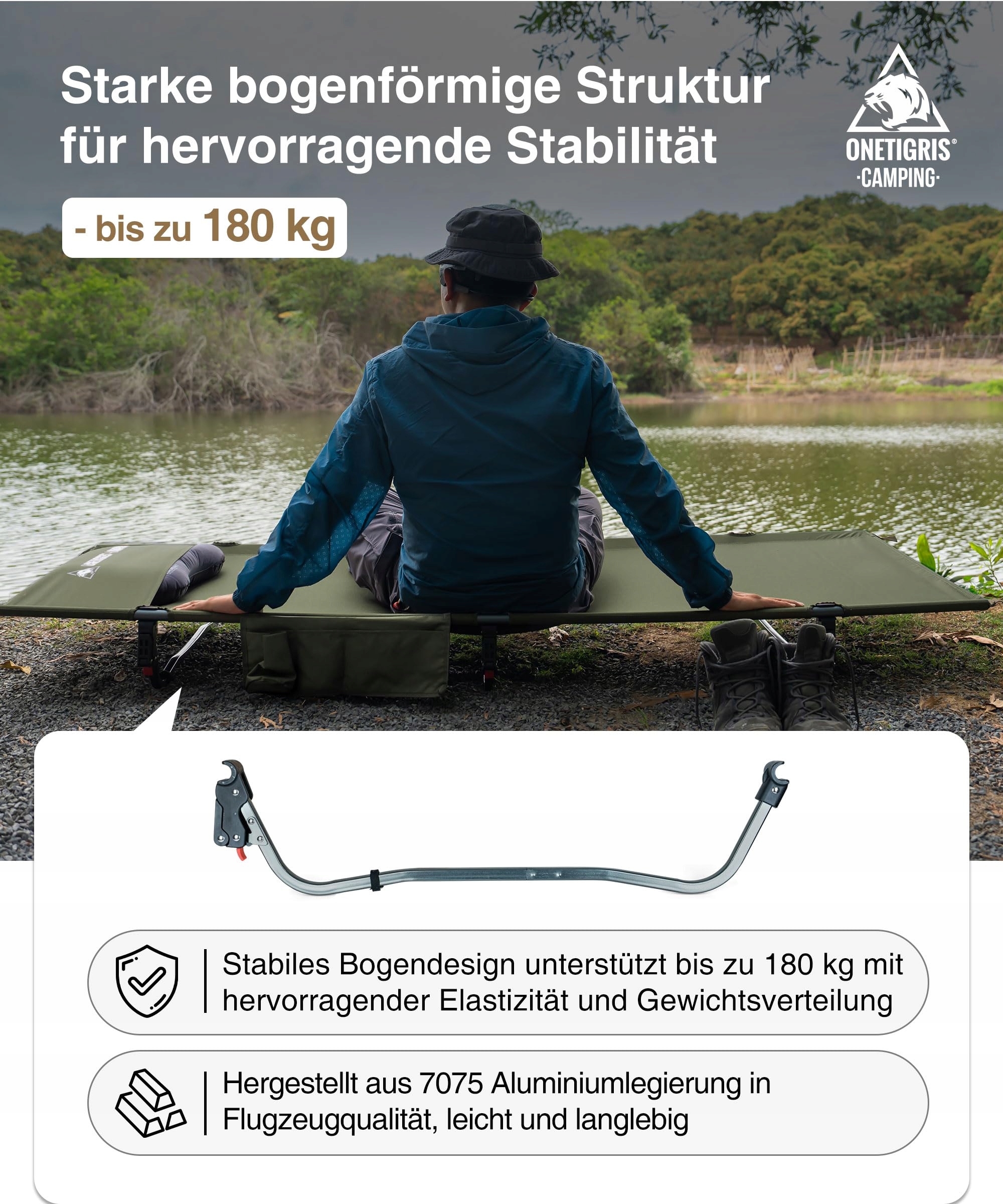 ONETIGRIS SUPRAGRIS Składane Łóżko Polowe Lekkie Do 180kg Camping Outdoor — miniatura 3