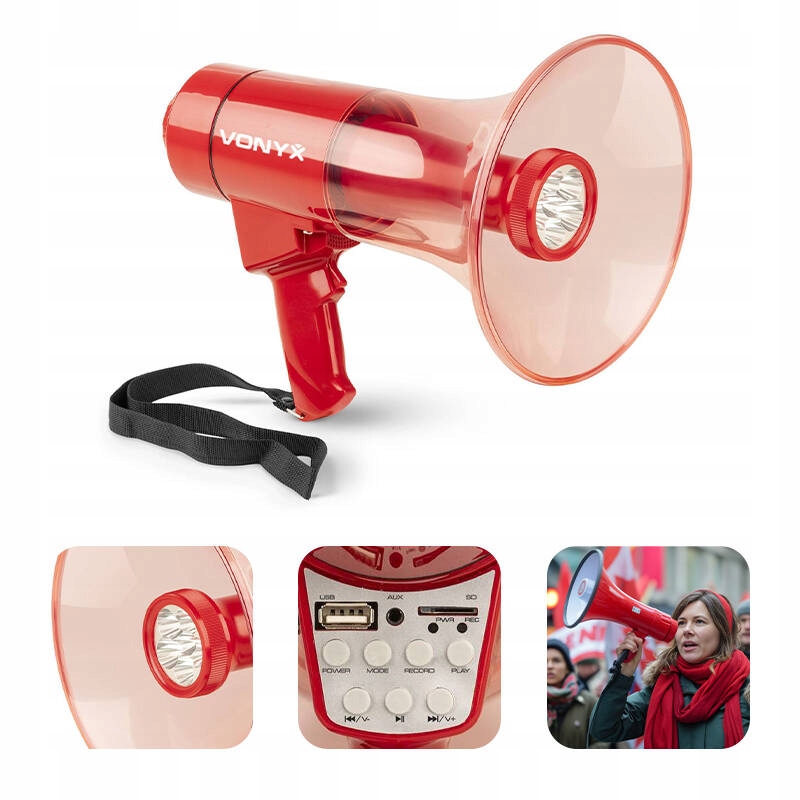 Megafon na baterie 50W czerwony z latarką Bt syrena głośnik ręczny tuba