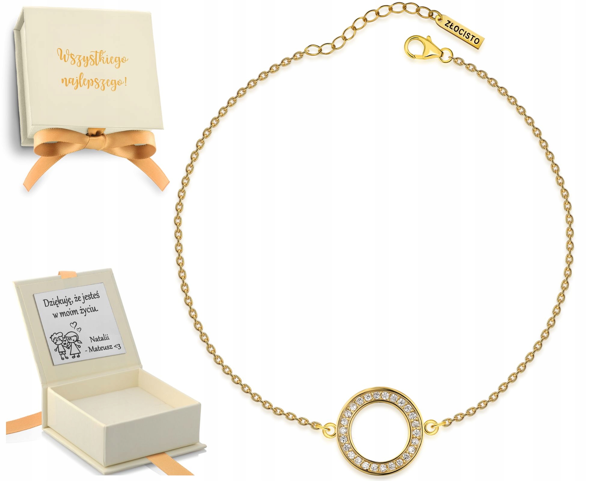 Dámský pozlacený náramek s kroužkem se zirkony, náušnice stříbro 925