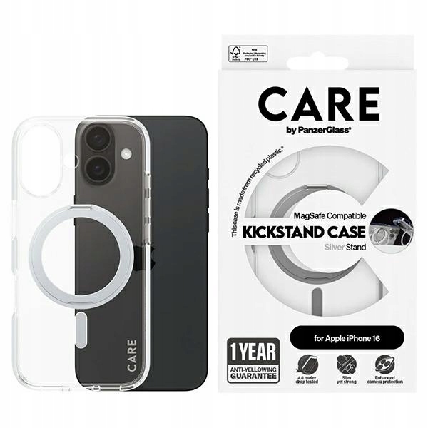Pouzdro Care by PanzerGlass s funkcí stojánku pro iPhone 16 6.1" stříbrné