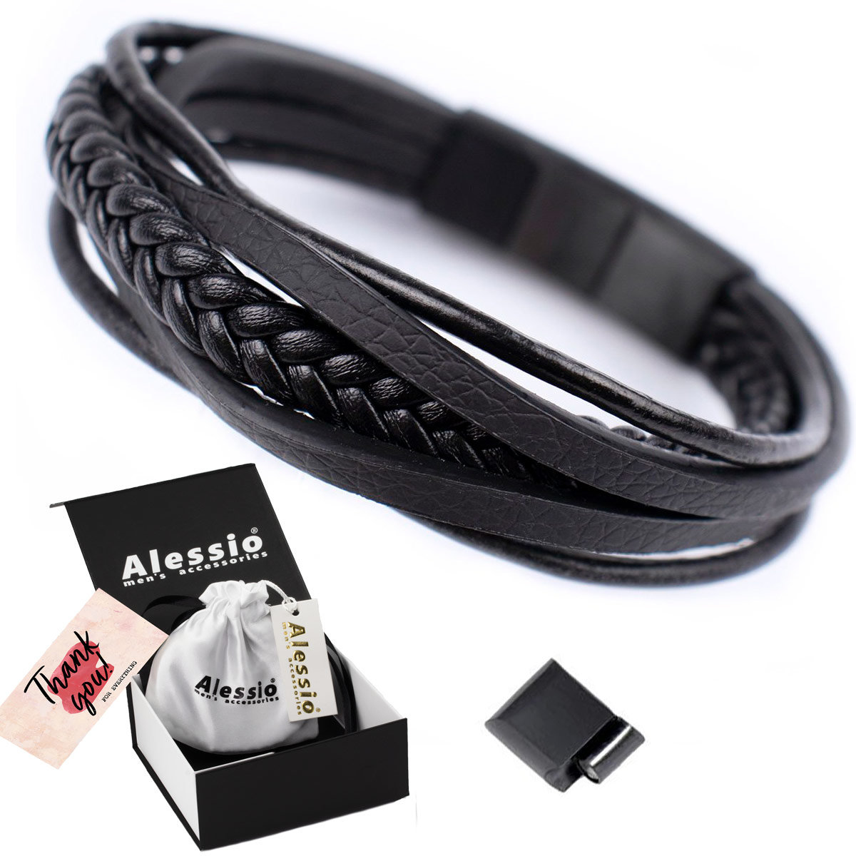 

Bransoletka męska Czarna pleciona Skórzana stal