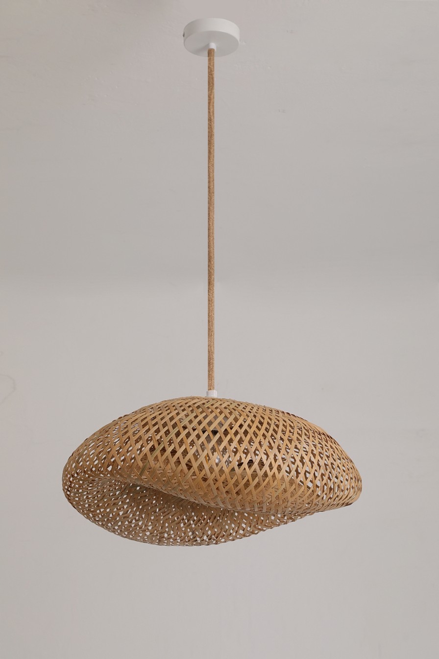 Závesná lampa Boho bambusové tienidlo biela podhľadová E27 prírodná šnúra