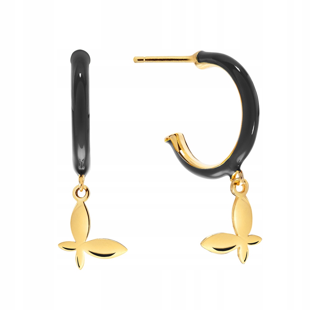Kolczyki Pozłacane Półkola Półksiężyce Motyl Czarna Emalia Srebro 925 Sadva