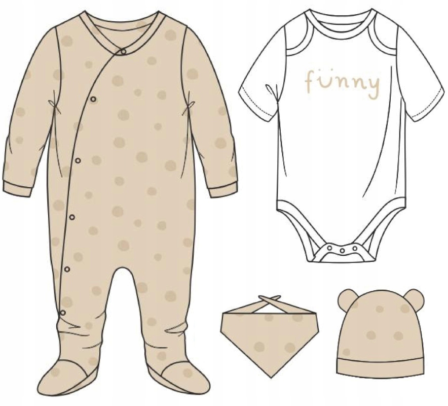 WYPRAWKA KOMPLET 4-części NIEMOWLĘCY PAJAC BODY CZAPKA groszki beż 74 R041P Marka EplusM