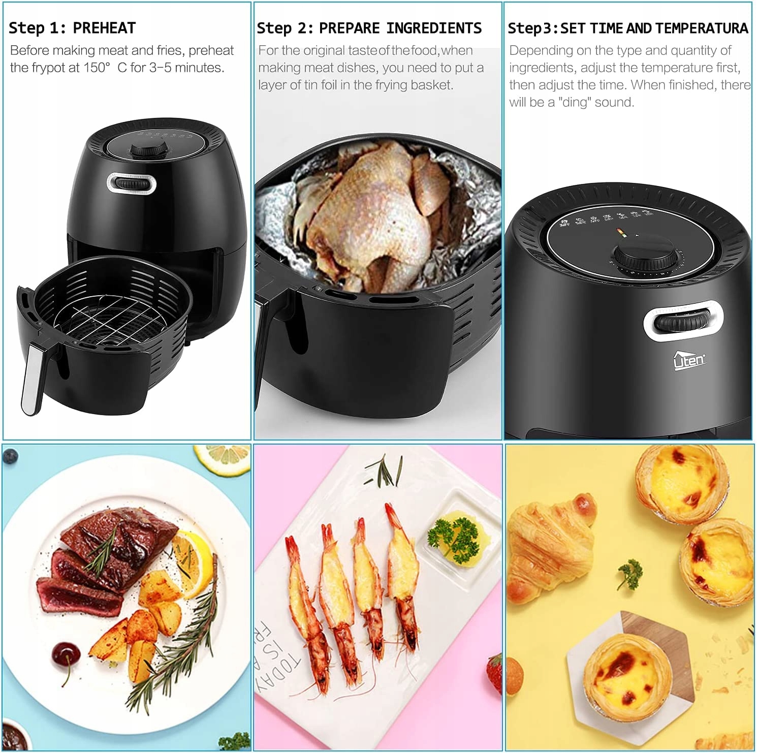 UTEN 6.5L Airfryer XXL 1800W z Regulacją Temperatury — miniatura 4