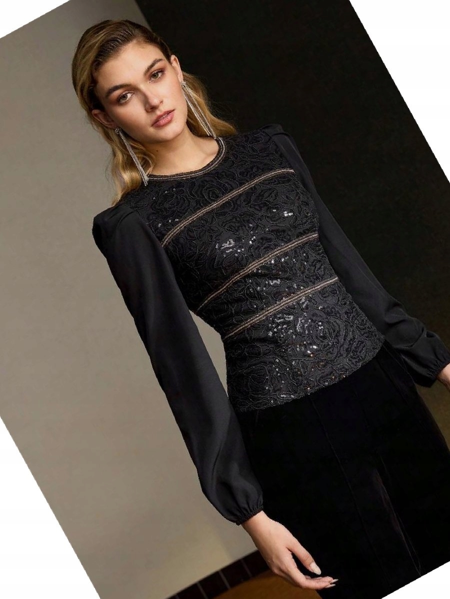 Krajková návštěvnická halenka Motf s flitry a korálky, černá, velikost 40