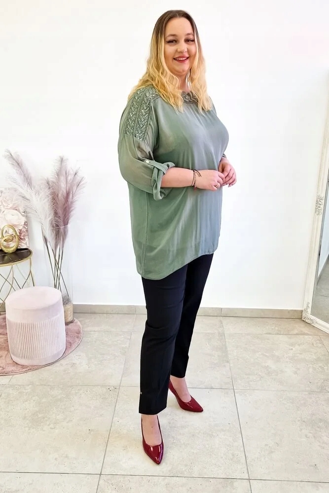 Olivová vzdušná dámská tunika s krajkou a flitry Uni