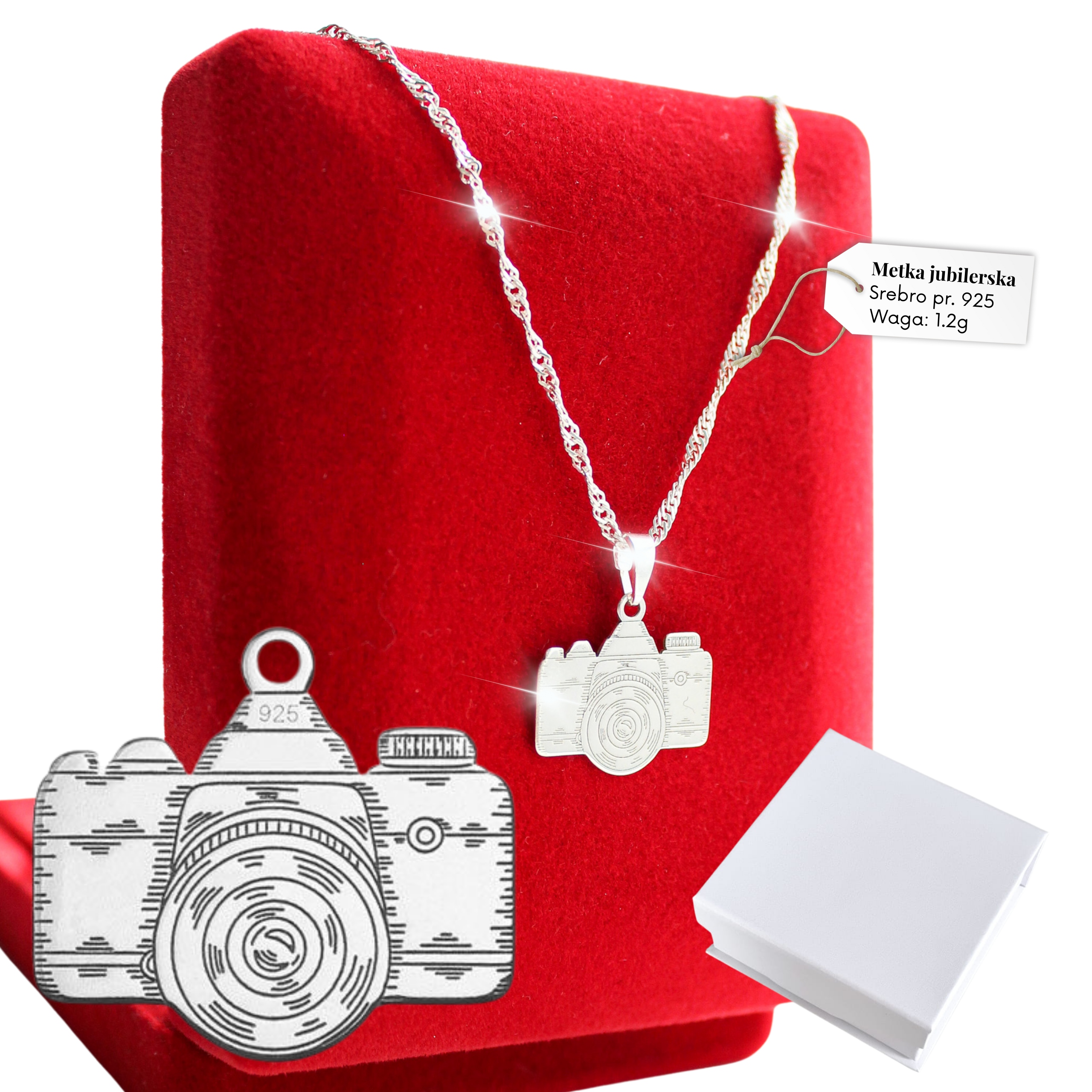 Stříbrný Řetízek Náhrdelník 925 Fotoaparát