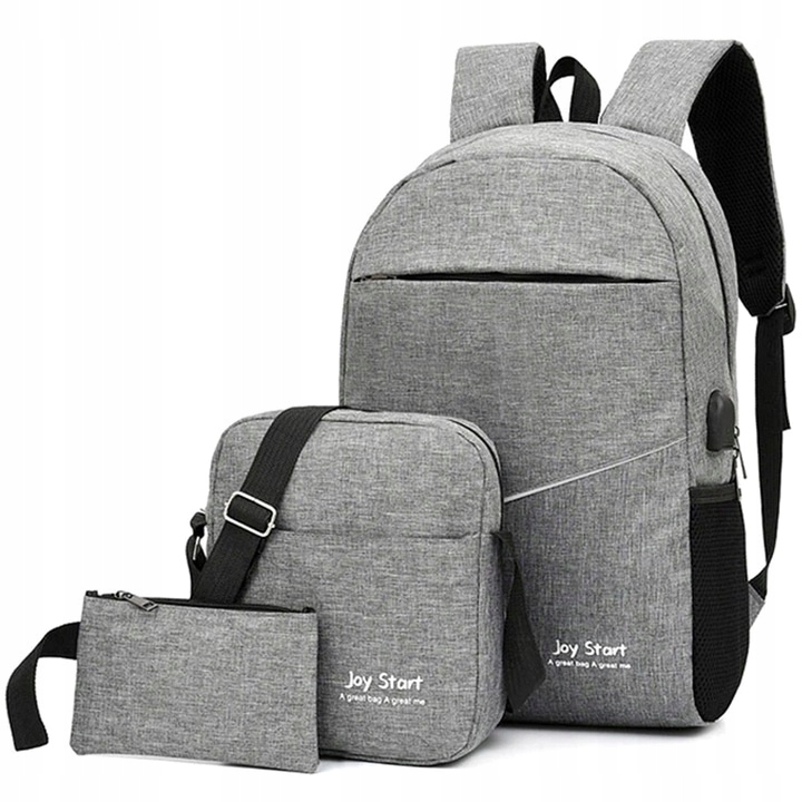 PLECAK Szary ZESTAW 3w1 TORBA SASZETKA USB Męski Damski Sportowy