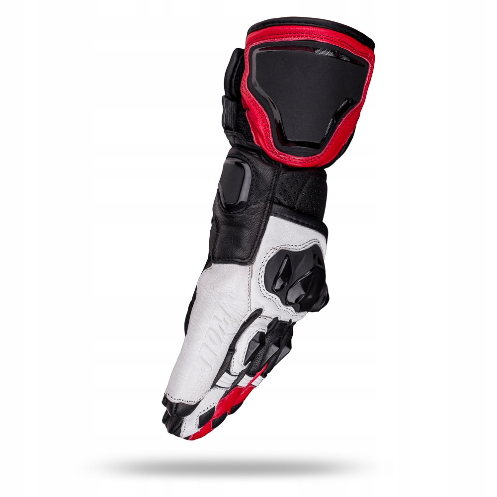 WOLF SKÓRZANE RĘKAWICE MOTOCYKLOWE Z DŁUGIM MANKIETEM RAIDEN BLK WHT RED S Model RAIDEN