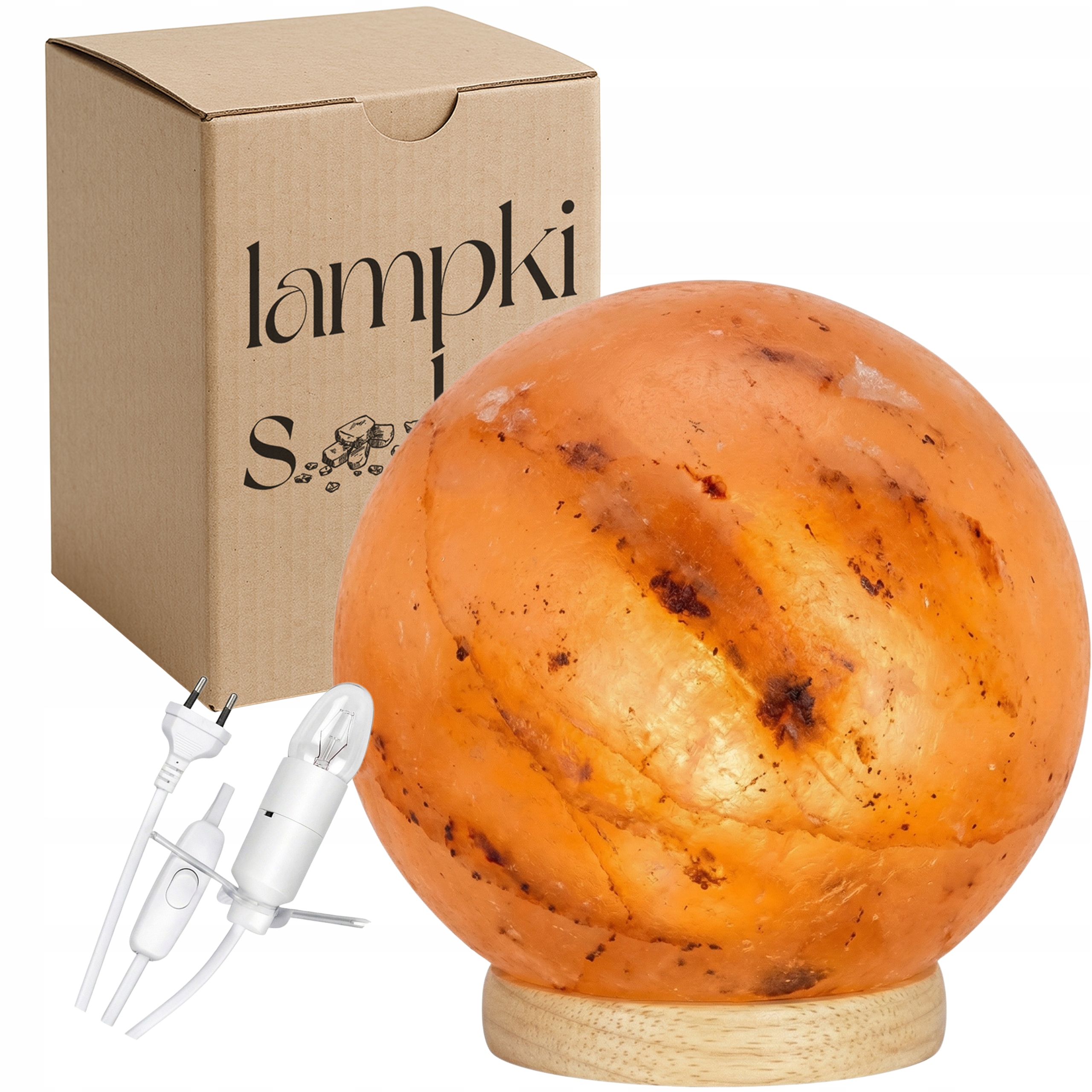 Solná lampa Polska 3-4 kg na světlém Bukovém podstavci, koule, ionizátor Moon