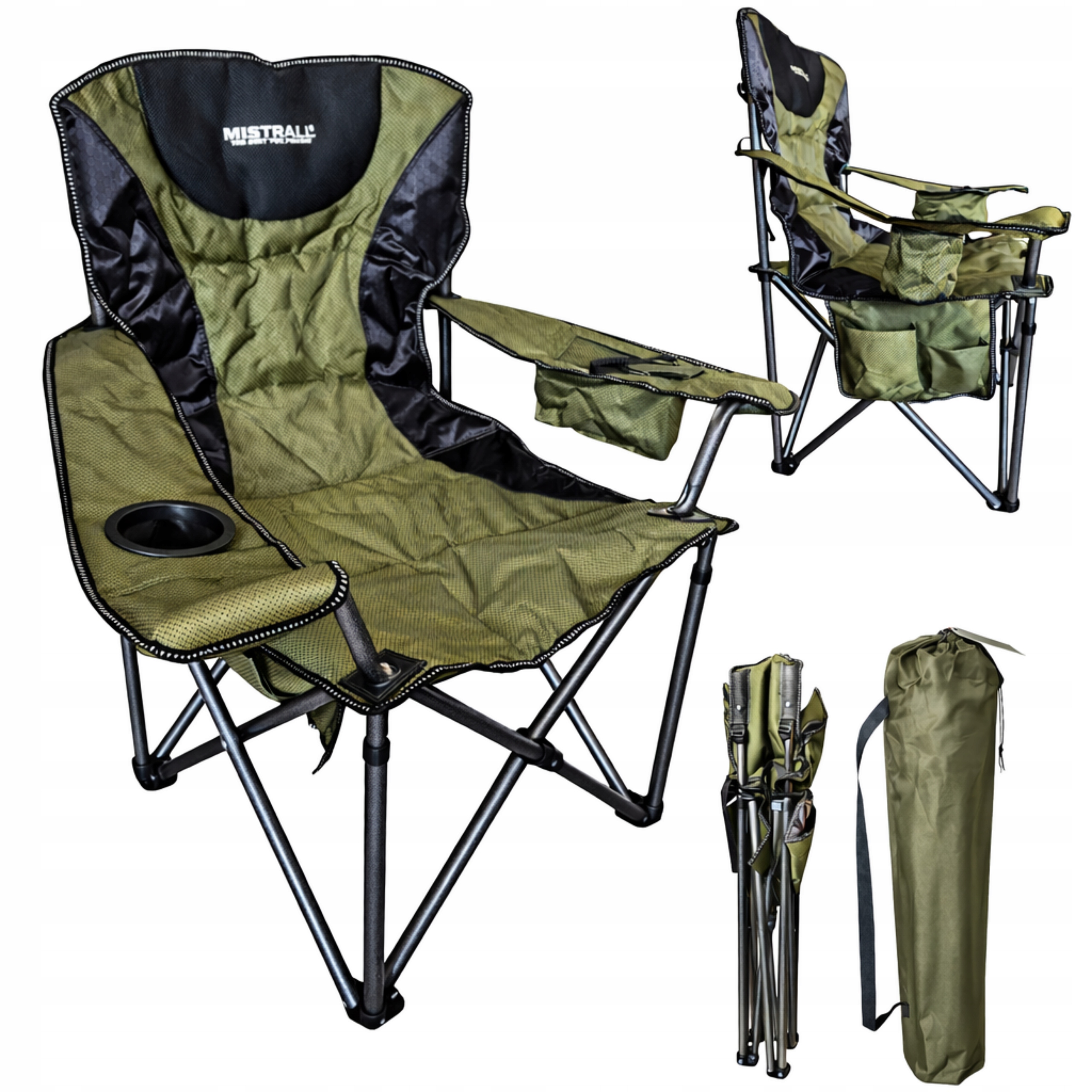 Fotel Wędkarski Mistrall Składany Krzesło z Kieszenią i Uchytem na Kubek