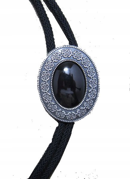 Bolo kravata westernová postříbřená s Obsydiánem Černá syntetická pletenina