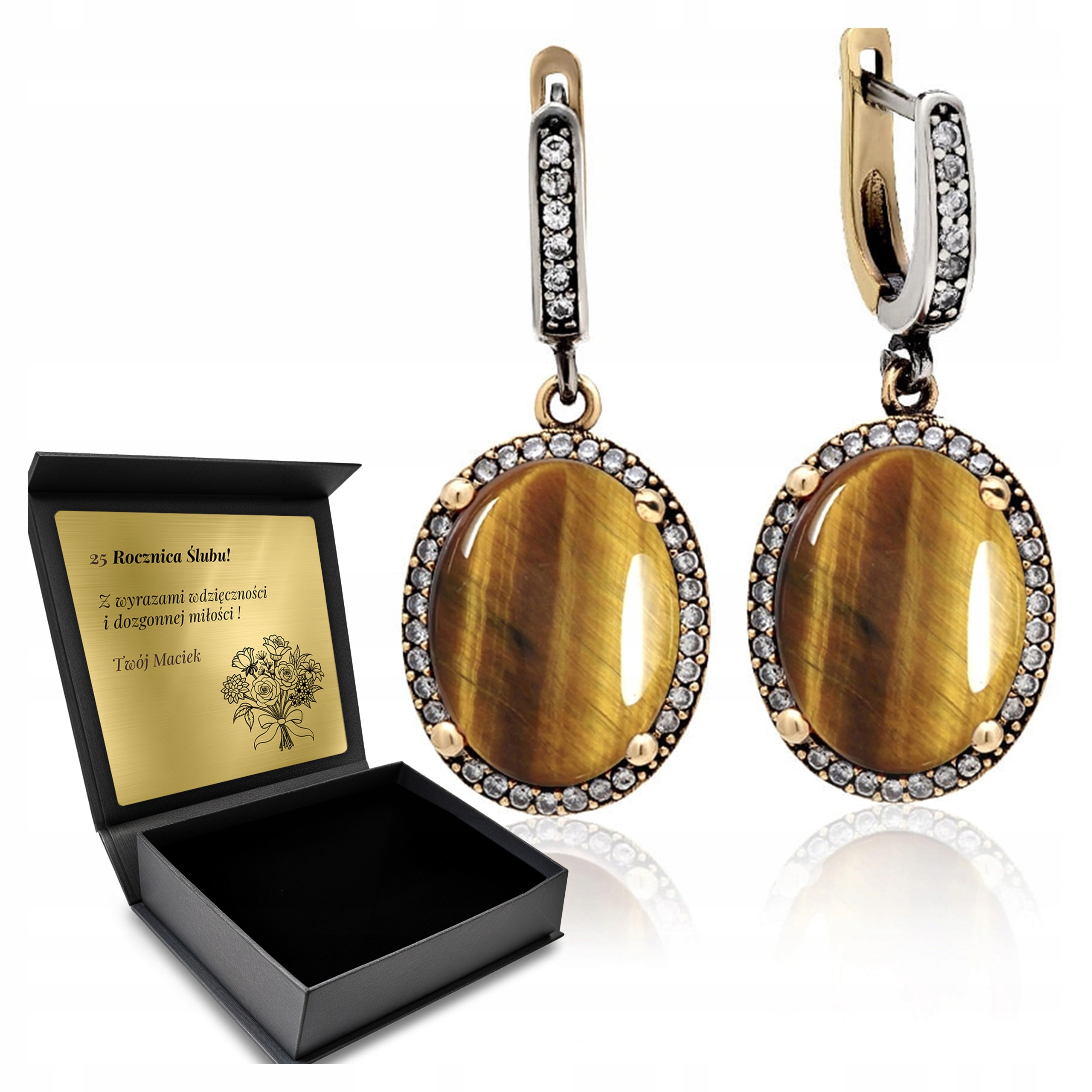 Stříbrné Náušnice 925 Zirkony Tygří Oko Dárek pro ženu Gravírování