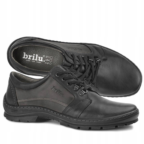 Brilu Polskie Skórzane Półbuty Męskie Z Szarą Wstawką Carlos Czarne 42