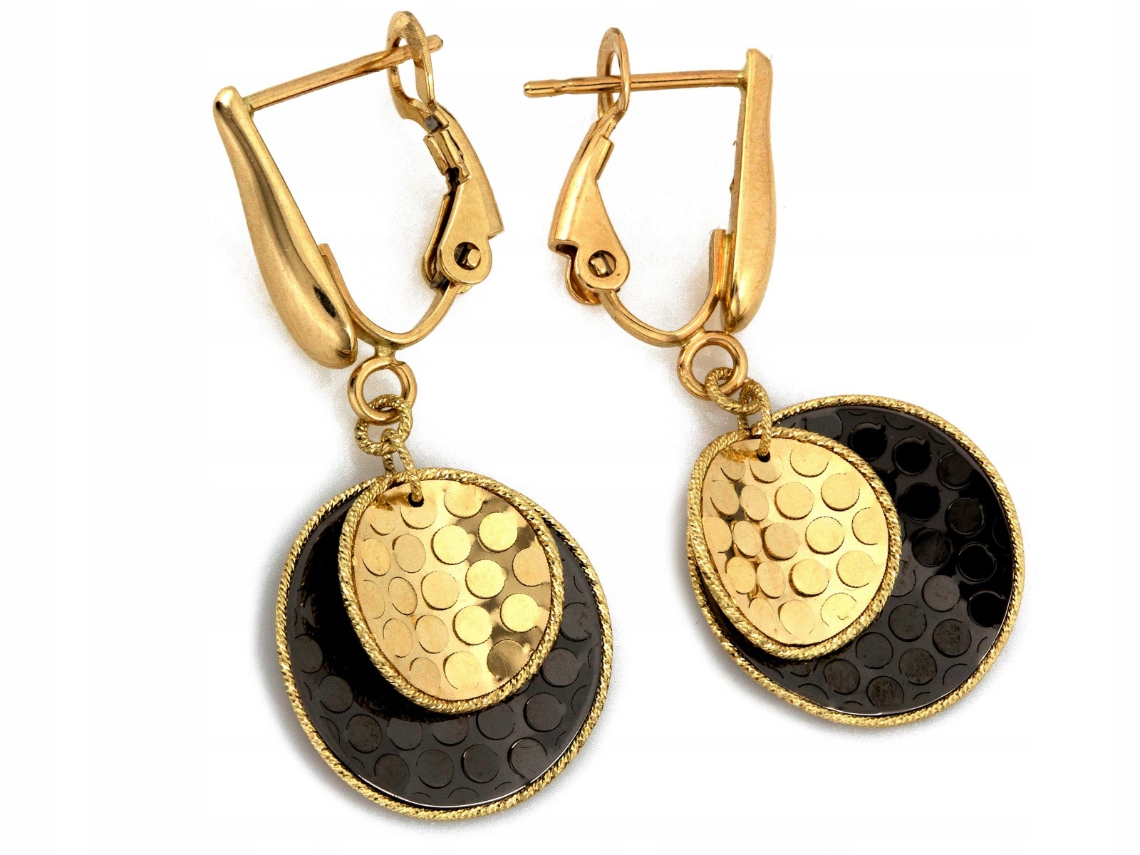 Náušnice zlaté 585 závěsné dvoubarevné kroužky černé s anglickým zapínáním