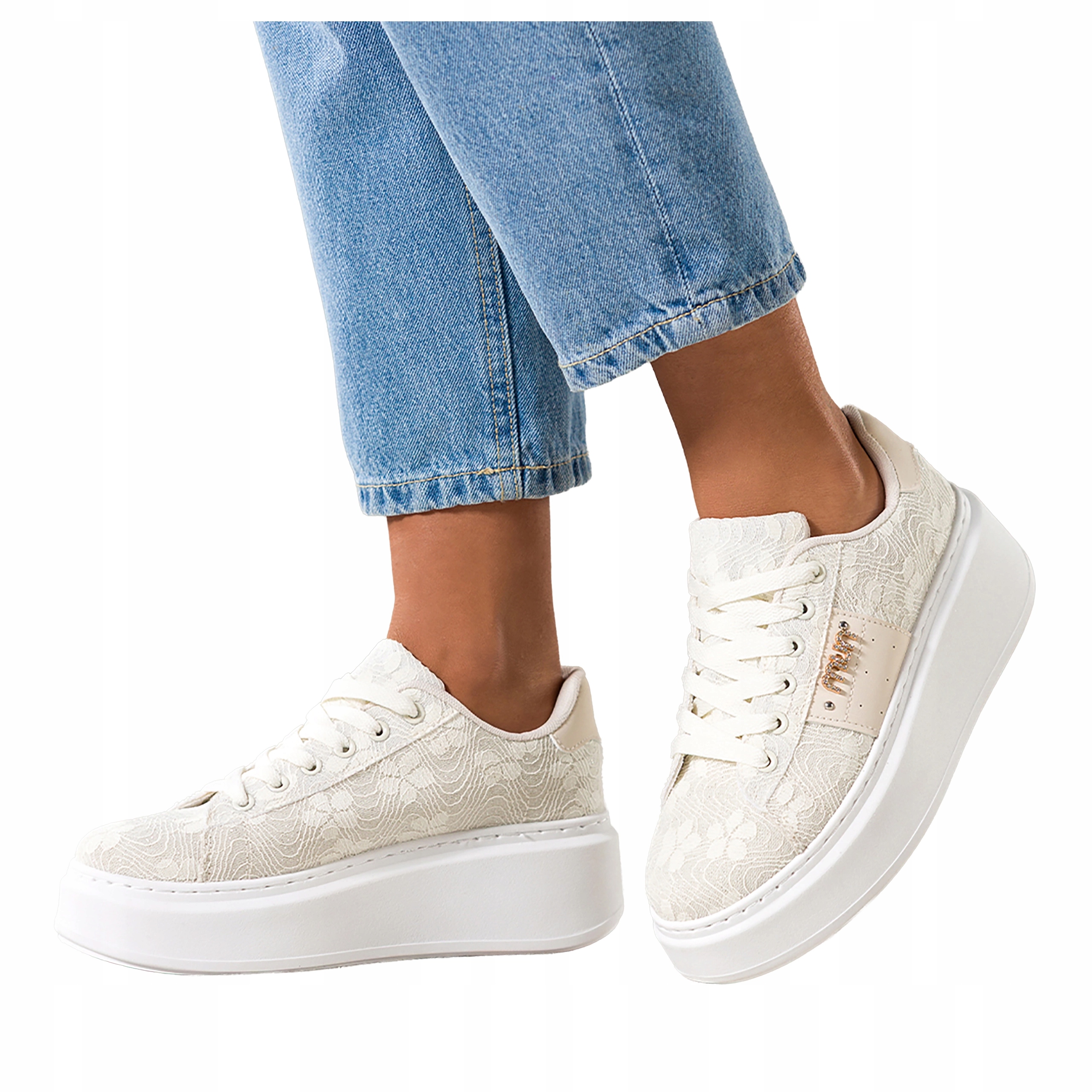 Dámské krémové Tenisky Creepersy na platformě, krajkové, Šněrované, velikost 39