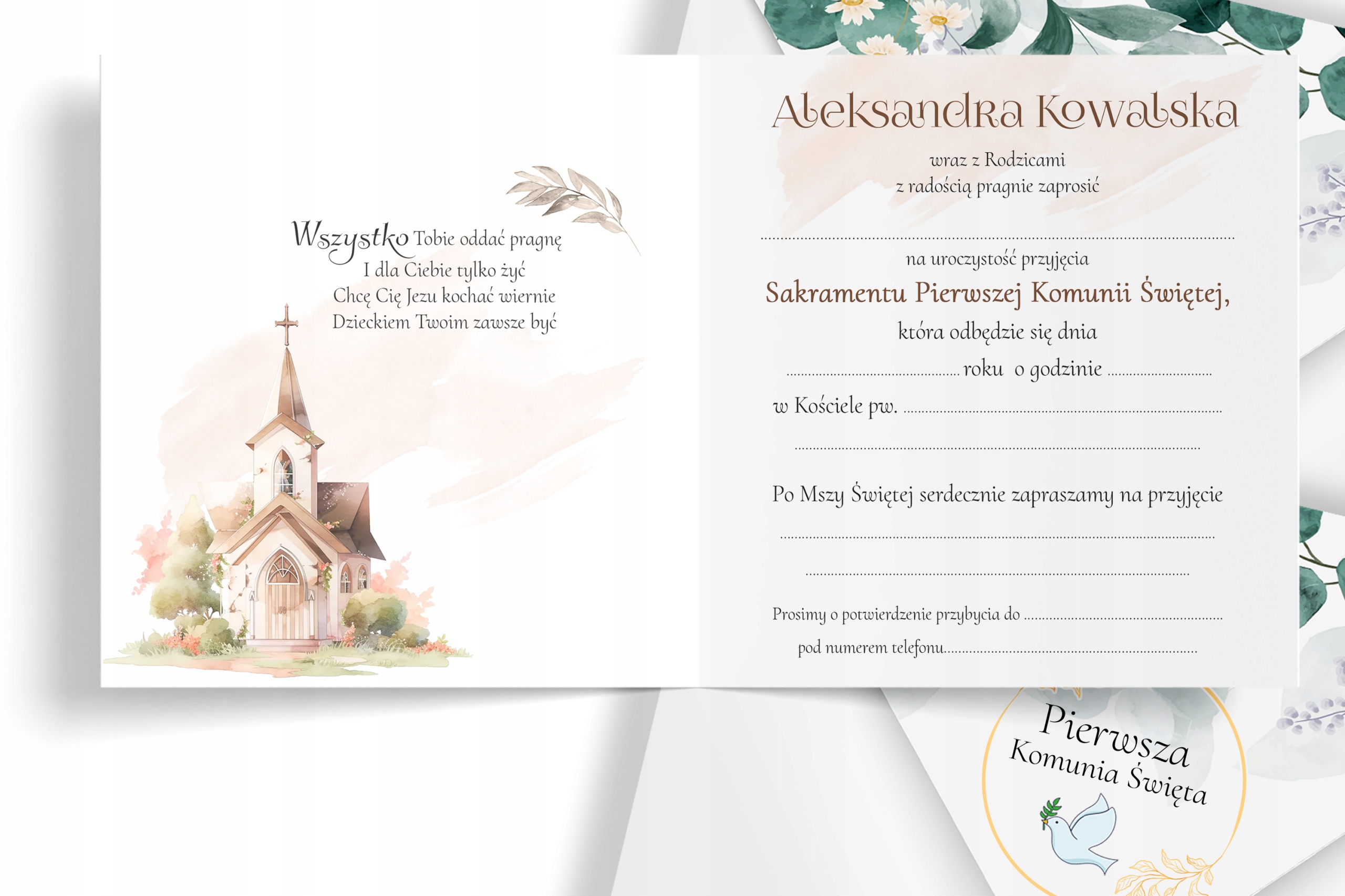 ZAPROSZENIA NA KOMUNIĘ PRZYJĘCIE IMIĘ DZIECKA + KOPERTA ELEGANCKI ZESTAW Kolor wielokolorowy