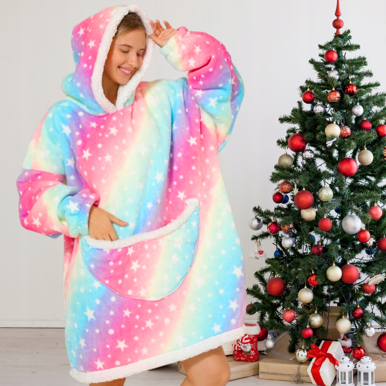 CIEPŁA BLUZA GRUBA Z KAPTUREM KOC OVERSIZE 2W1 XXL FUTRZAK SZLAFROK KOLORY Model gwiazdy