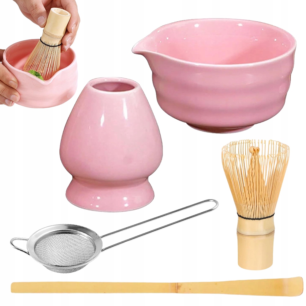 Levně Matcha 5-DÍLNÁ Sada Na Matchu Metla Lžička Filtr S Růžovou Mísou