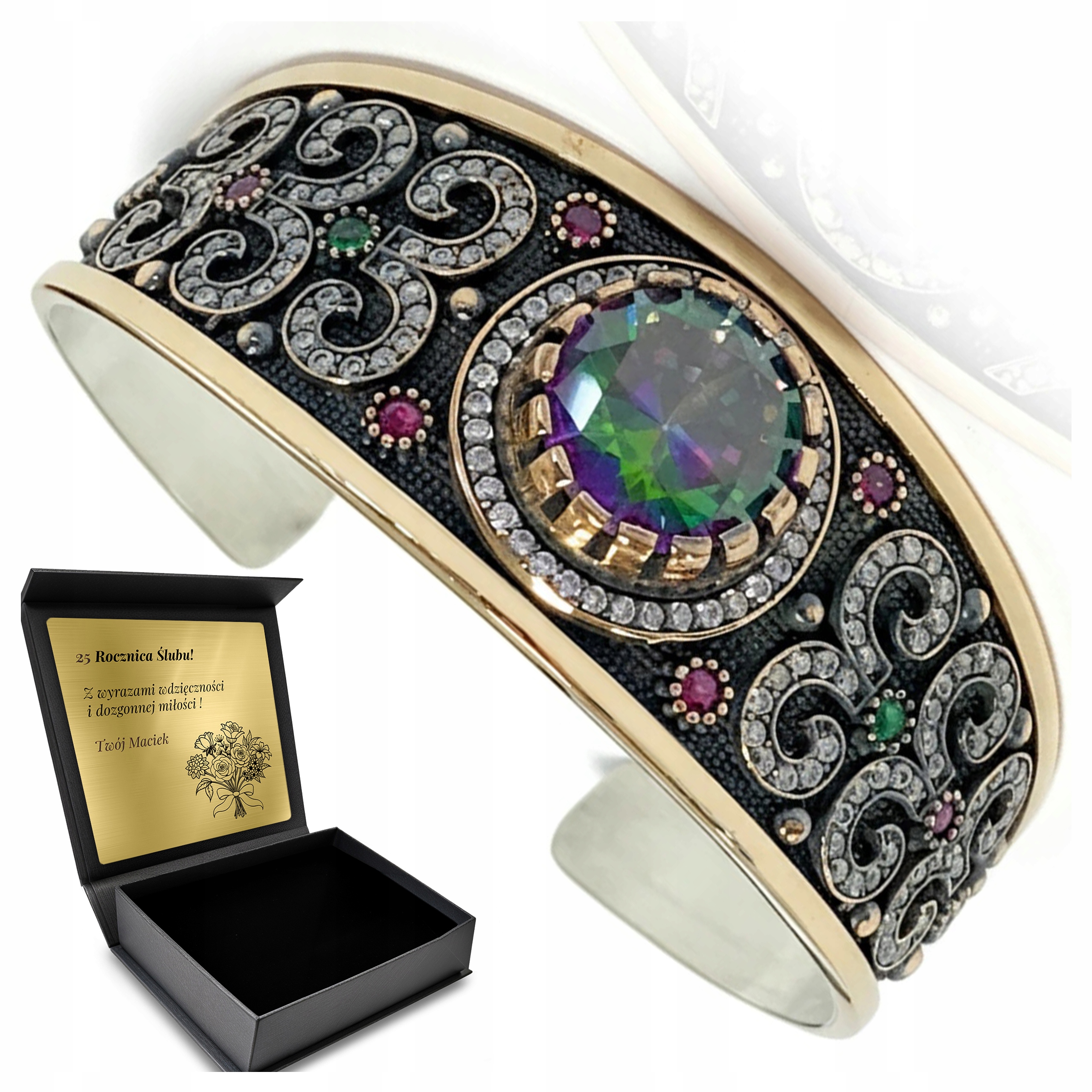 Stříbrný Náramek Zirkony Topaz Orientální Nastavitelný Otevřený Gravírování