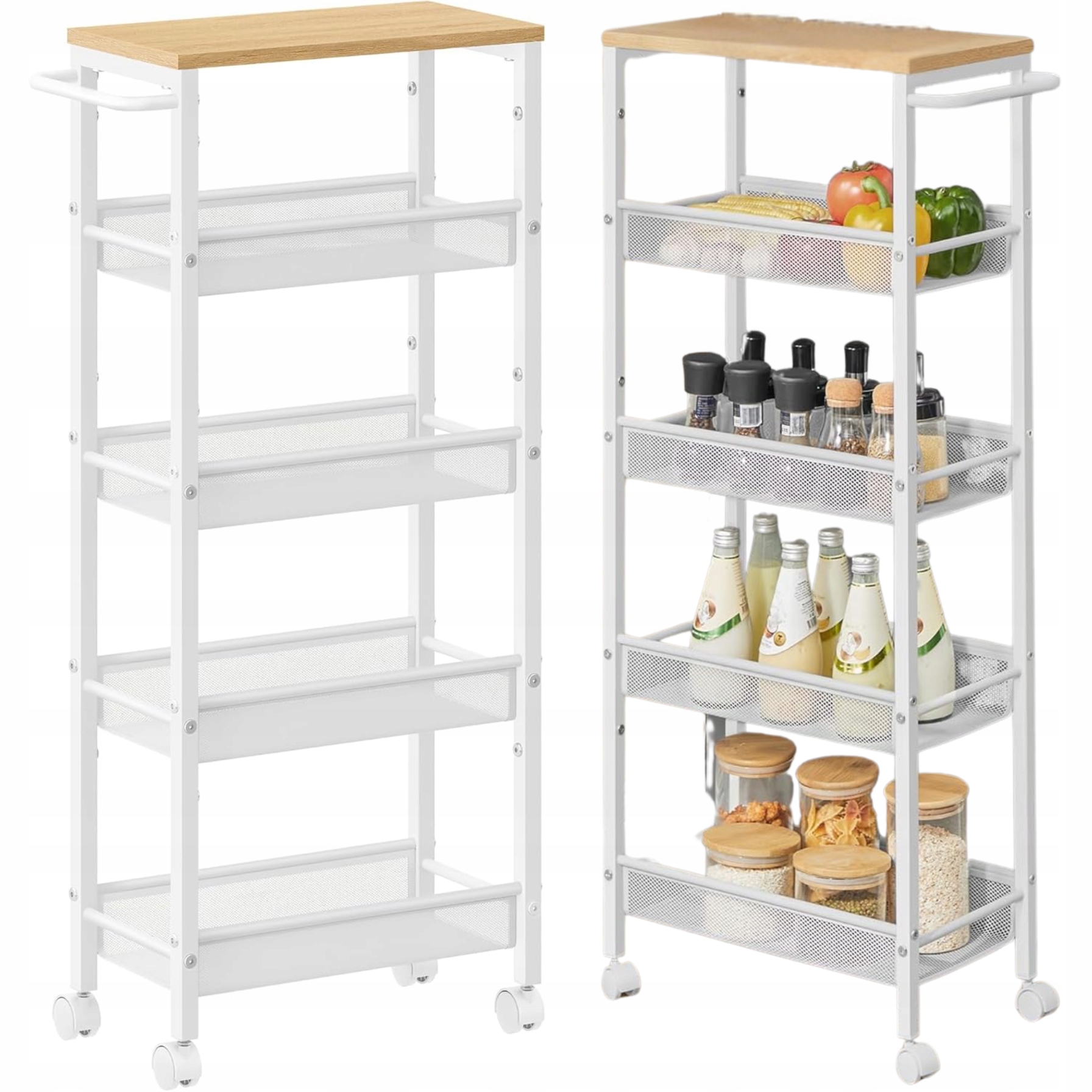 Úzká skříňka na kolečkách Police Regál Bílý Mobilní 5 úrovní Vozík Sloupek