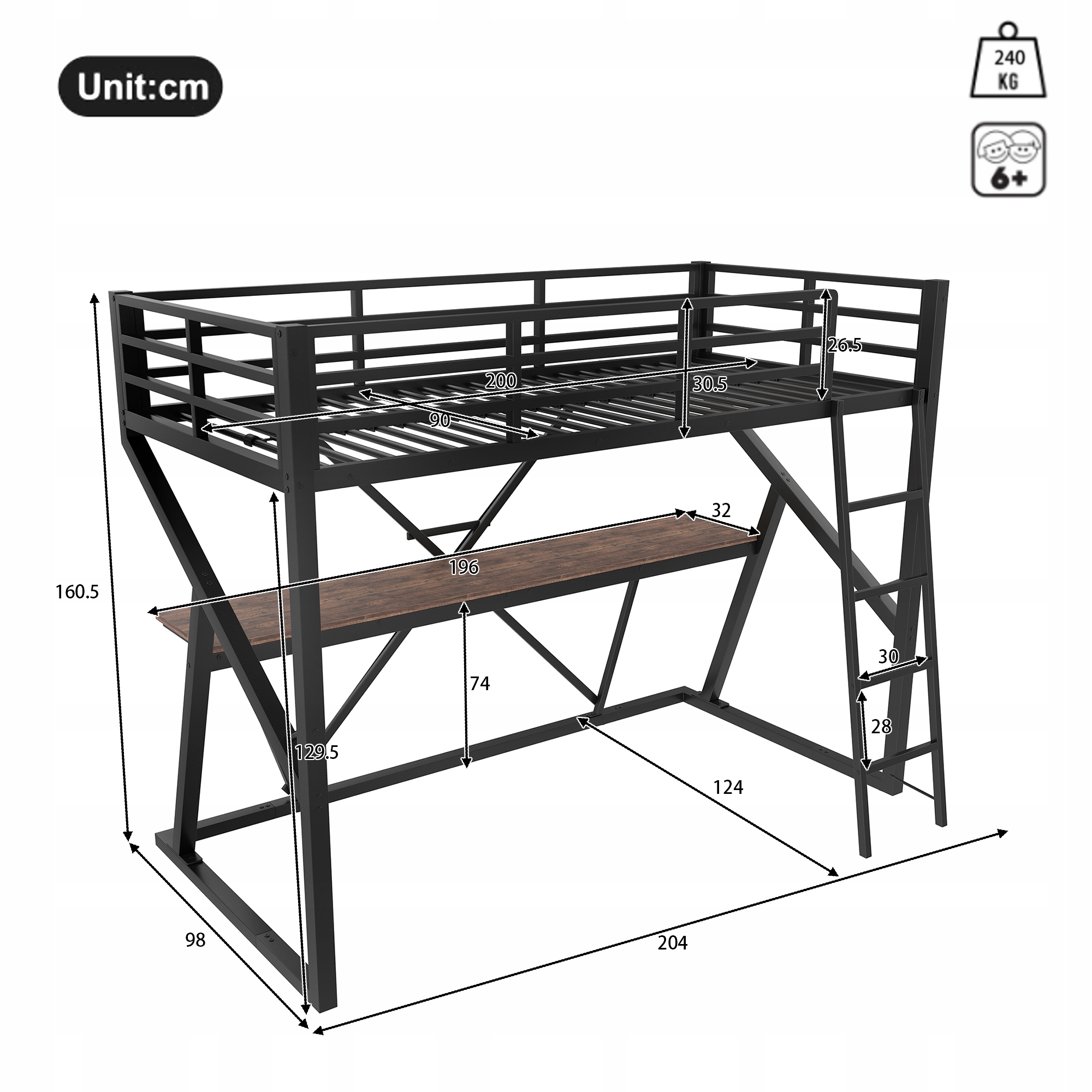 łóżko piętrowe 90x200cm LED Żelazo Łóżko dziecięce Szuflady, schody biurko Marka Arhatreya