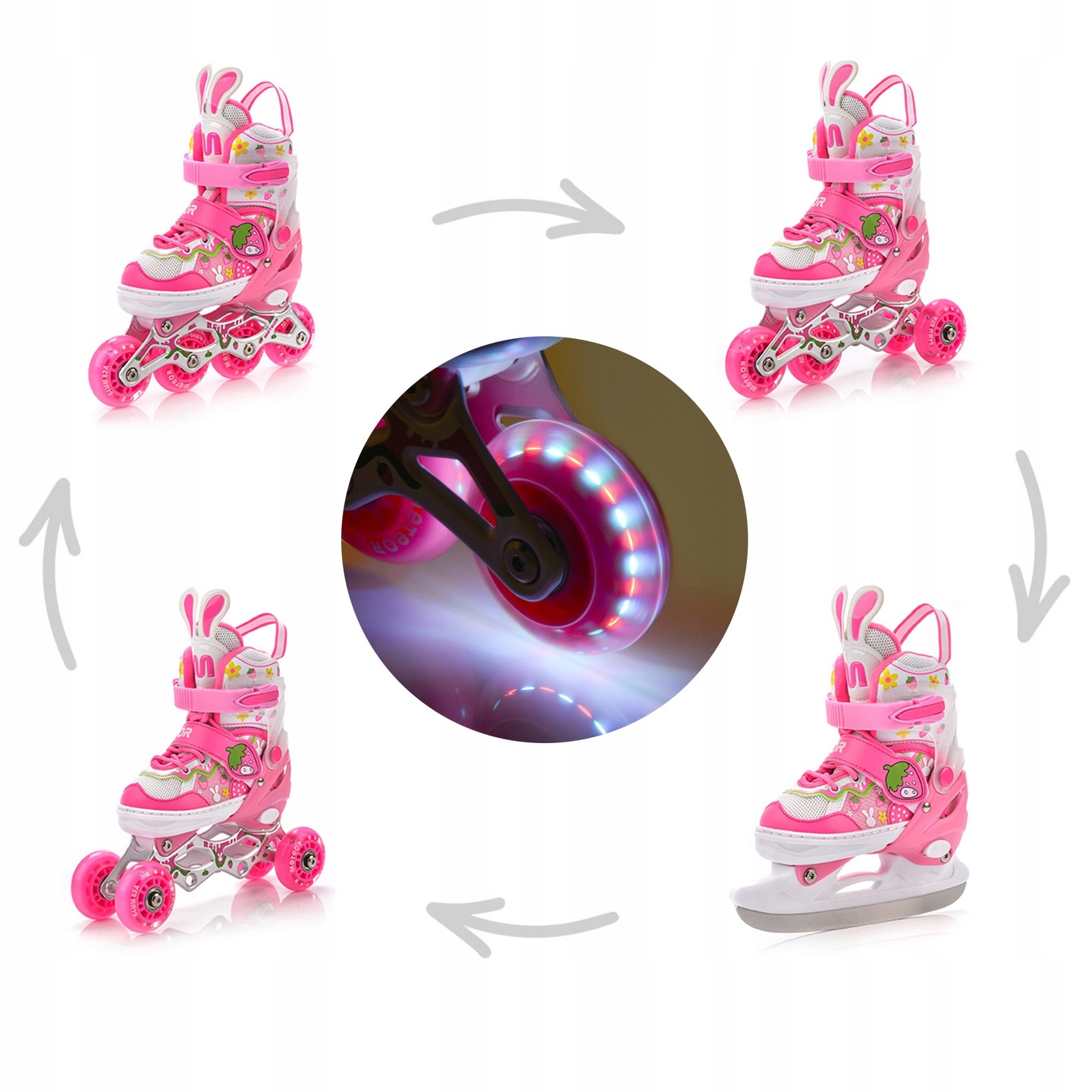 Kolečkové Brusle 4v1 Meteor Bunny M 34-37 kombinované brusle: kolečkové, na led, inline Led kola 82A