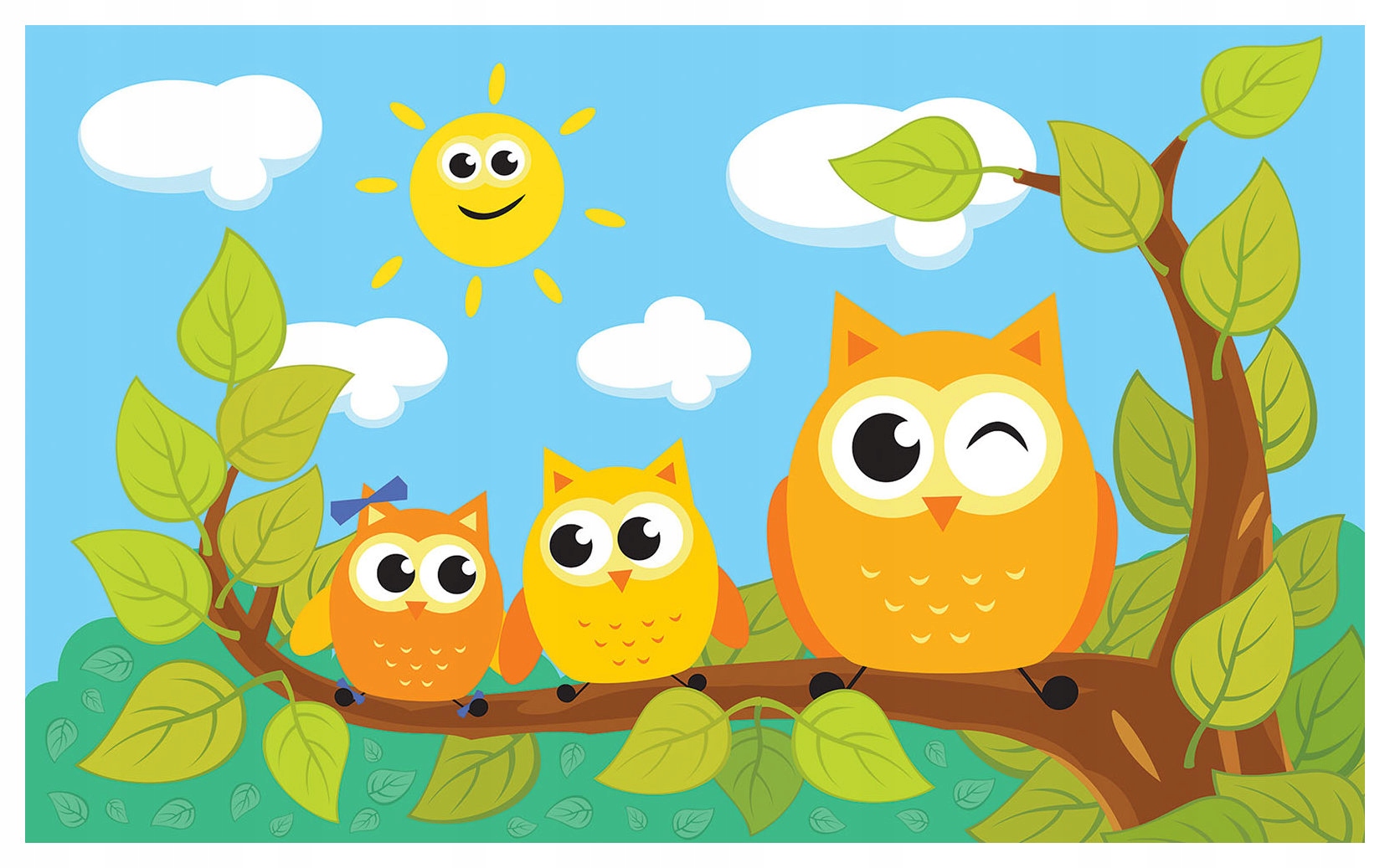 Fototapeta Sovy na větvi sluneční vinyl do dětského pokoje 208x146 lepidlo