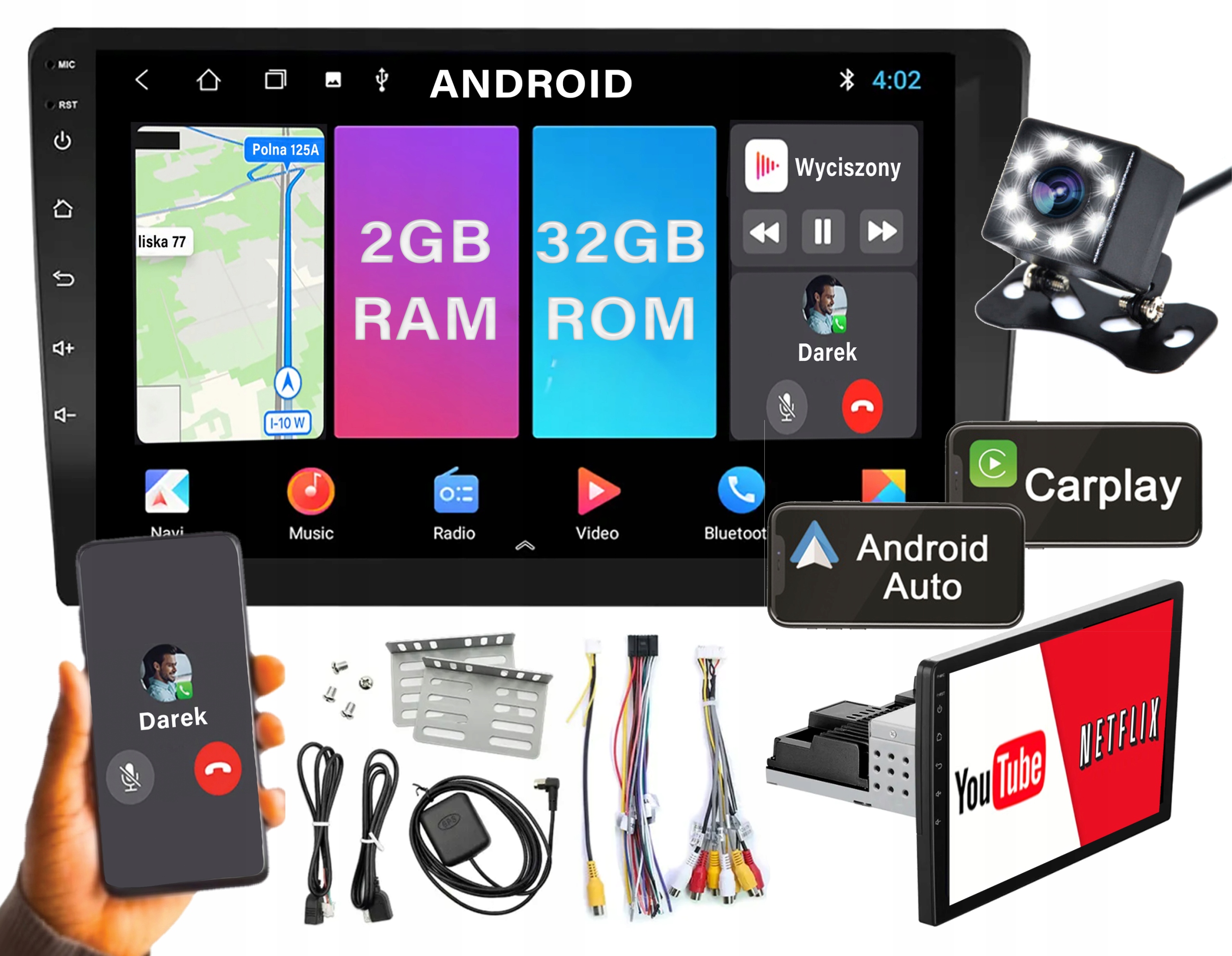 Radio Samochodowe 2DIN 10"Android 2/32GB Bluetooth USB CarPlay AndroidAuto
