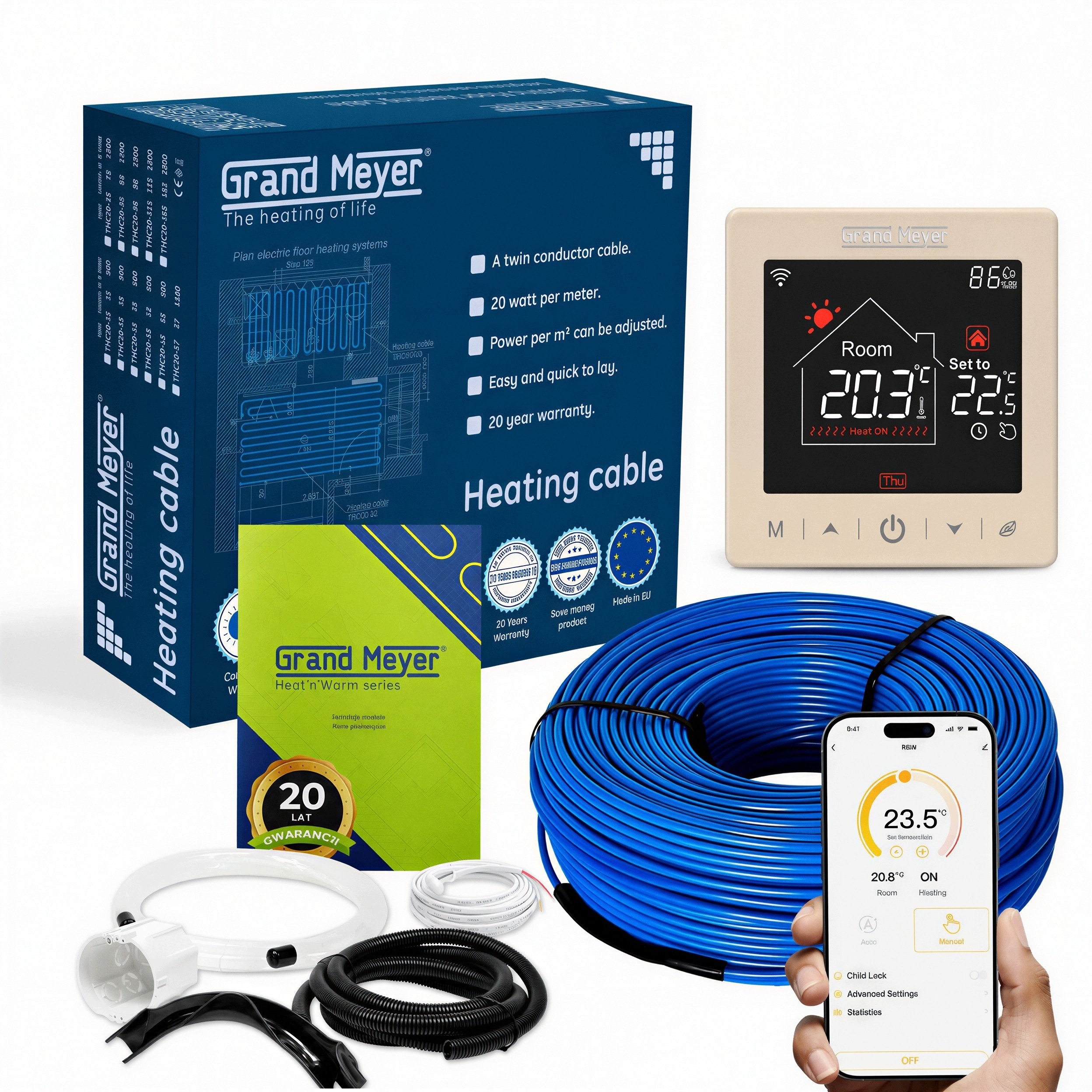 Przewód grzejny 20W/m 85m ogrzewanie podlogowe kabel grzewczy z SN-15 Wi-Fi