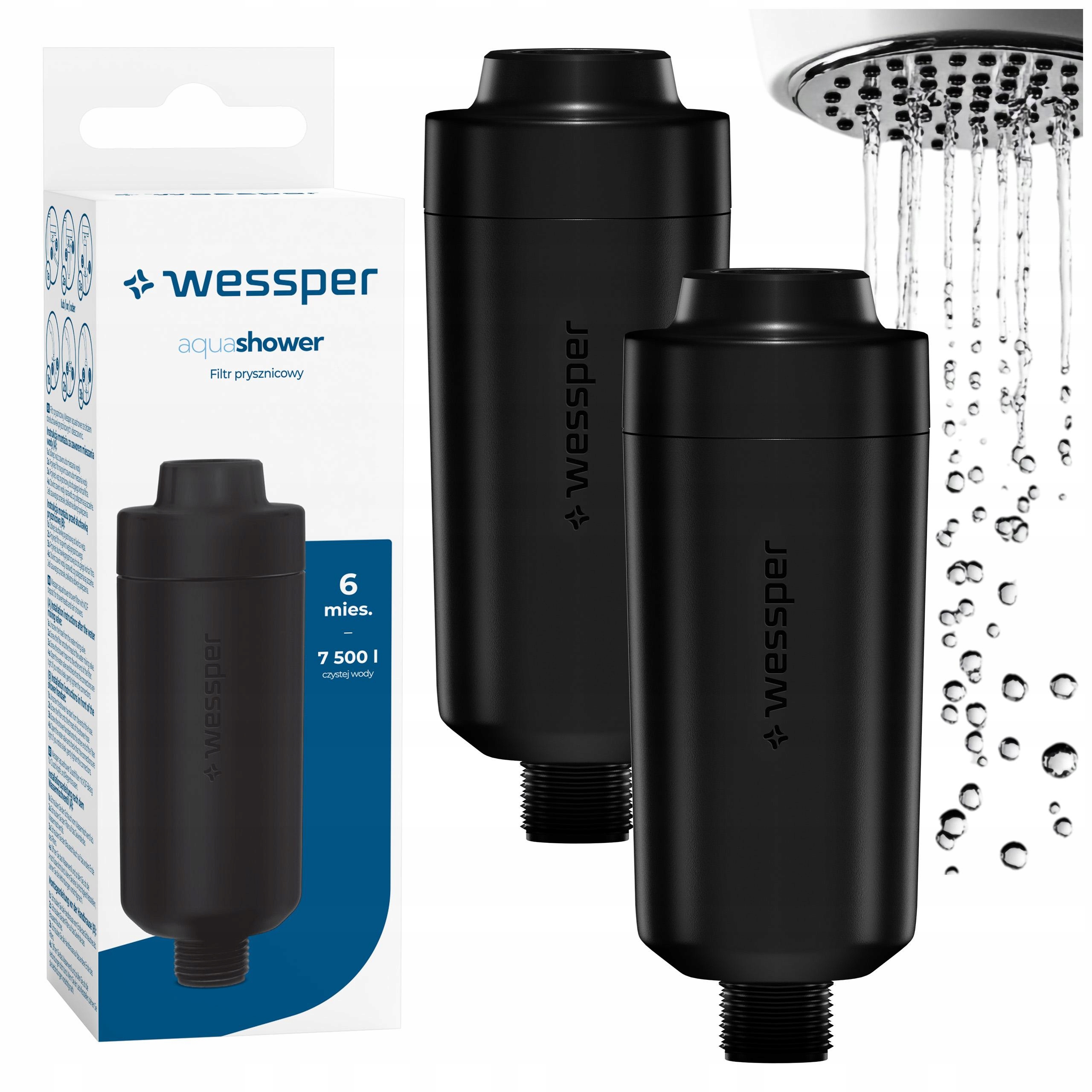 2x Sprchový Filtr Wessper AquaShower černý odstraňuje chlór a změkčuje ho