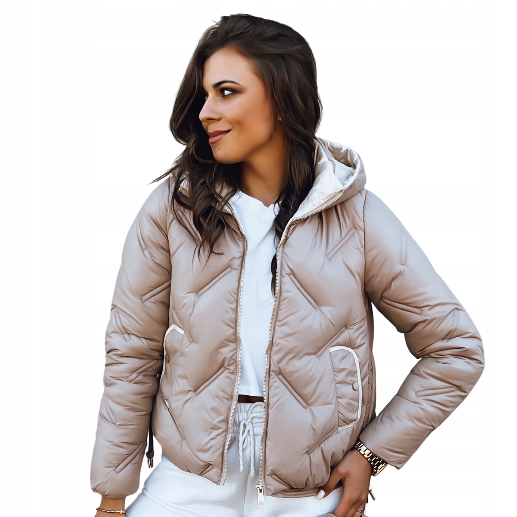 Kurtka damska pikowana z nieodpinanym kapturem beżowa TY3830 XXL