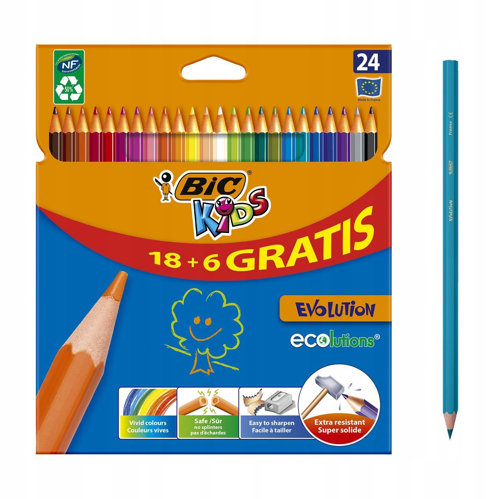 BIC KIDS EVOLUTION KREDKI OŁÓWKOWE EKO BEZDRZEWNE DLA DZIECI 24 KOLORY