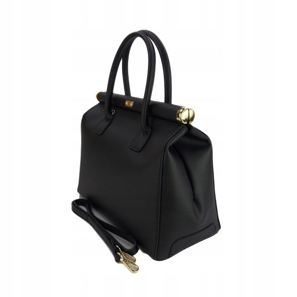 Velká Dámská Taška Kufr Přírodní Kůže Zlaté Kování Visací Zámek Černá