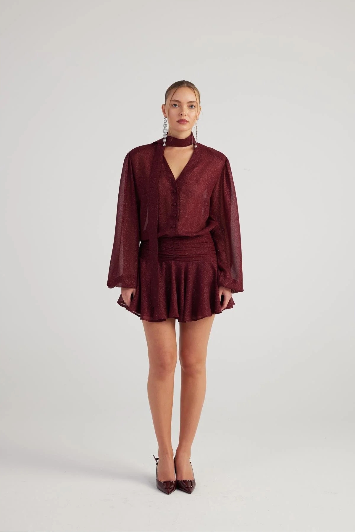 Bordó Rozkládací Šaty Je Elegantní Se Zavazováním A Knoflíky, Xs 5GA