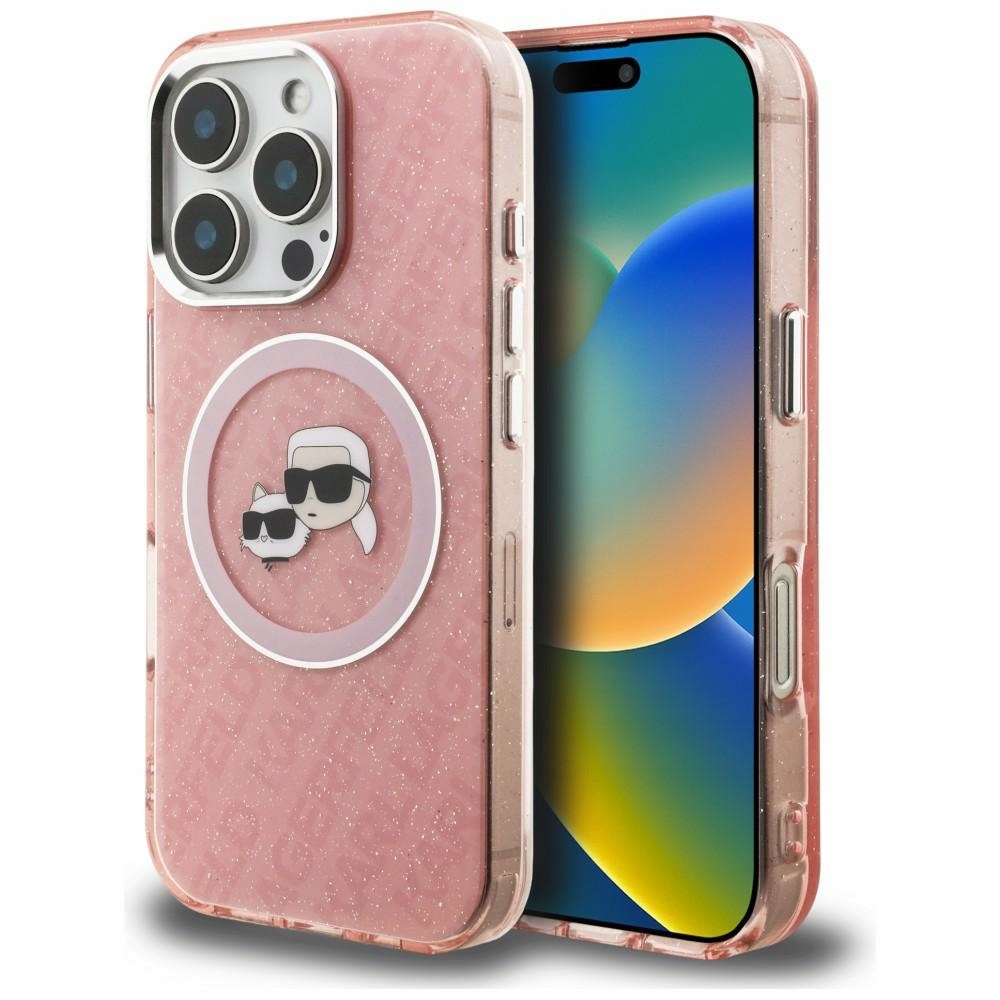 Pouzdro na iPhone 16 Pro růžový brokát Karl & Choupette MagSafe Lagerfeld zadní kryt