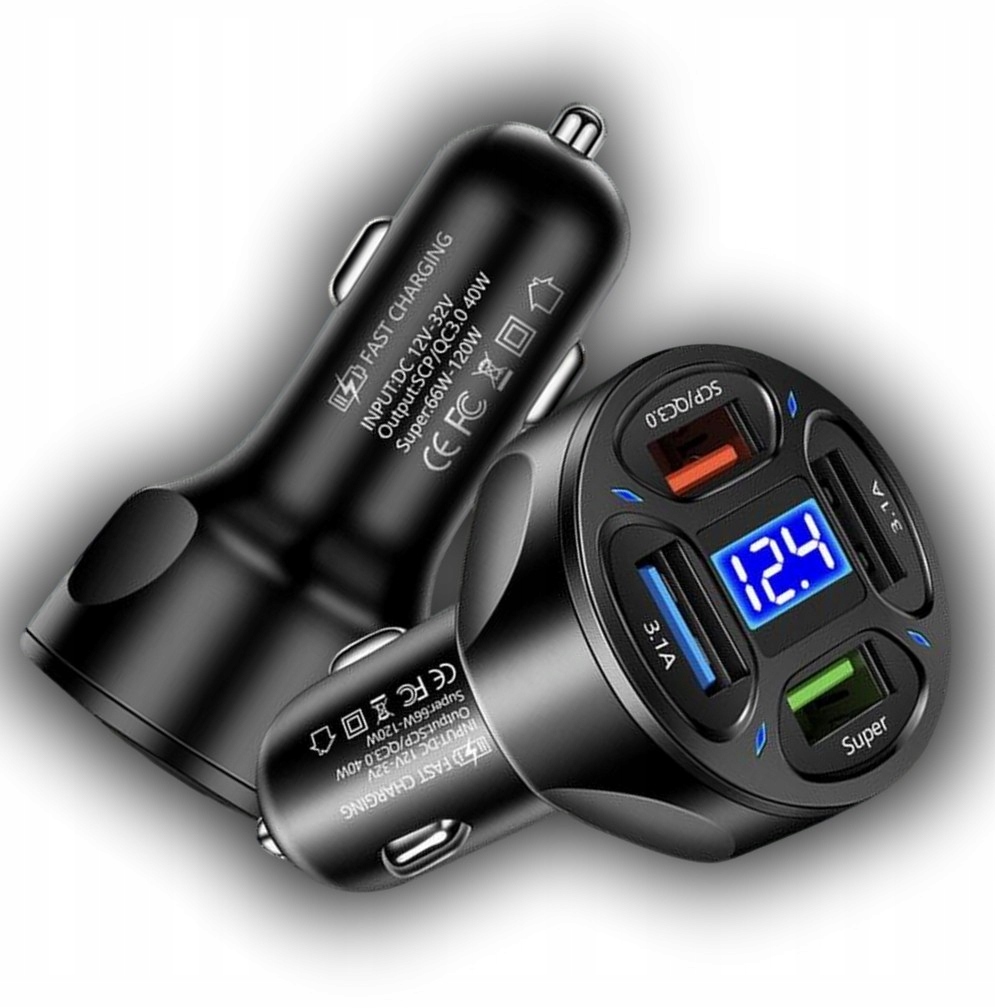 MOCNA SZYBKA ŁADOWARKA SAMOCHODOWA 4x USB PD QC 3.0 66W DO TELEFONU DO AUTA Stan opakowania oryginalne