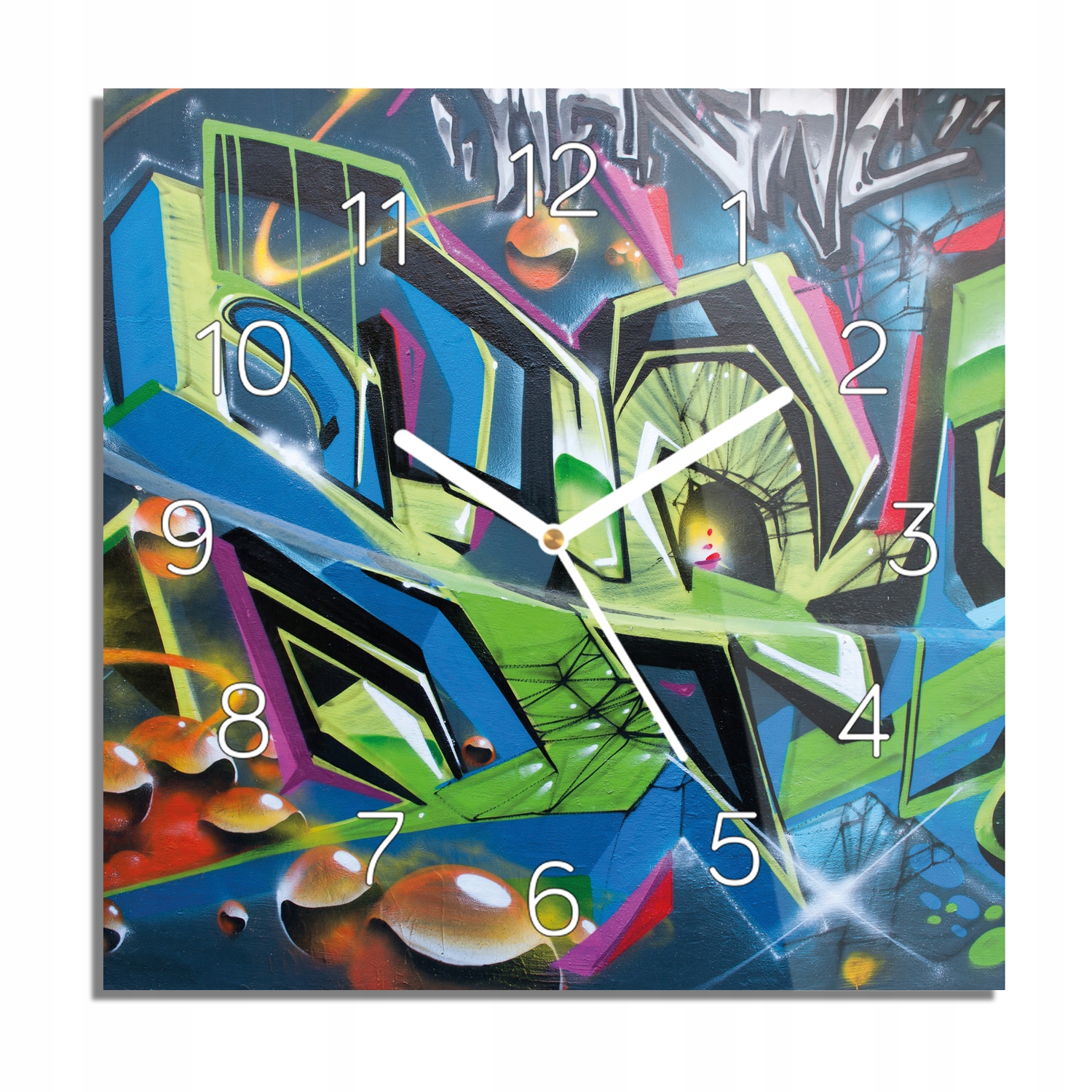 

Napis graffiti zegar na szkle z foto 30x30 cichy