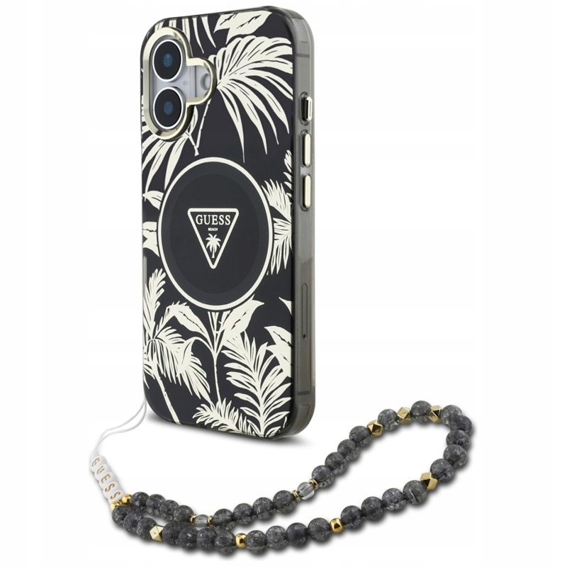 Guess Palm Trees Triangle Pearl Strap MagSafe – Pouzdro pro iPhone 16 (černé)